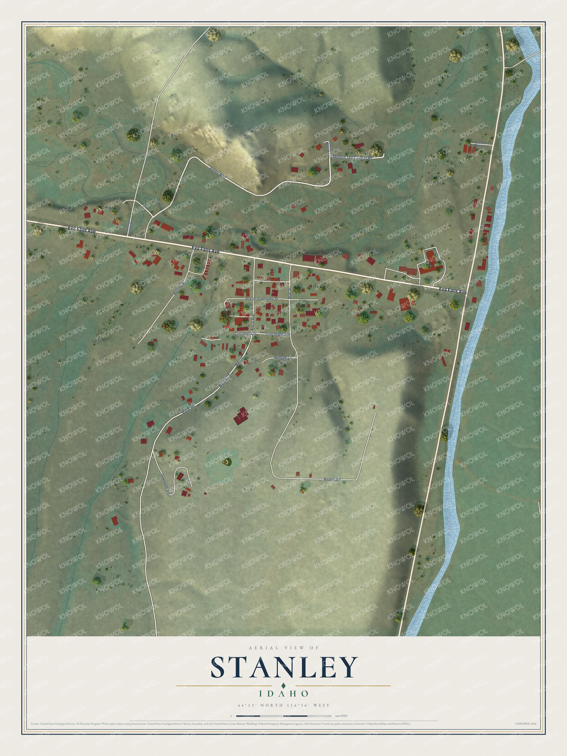 Full map of Stanley, Idaho, with red buildings, printed street names and the land around them
