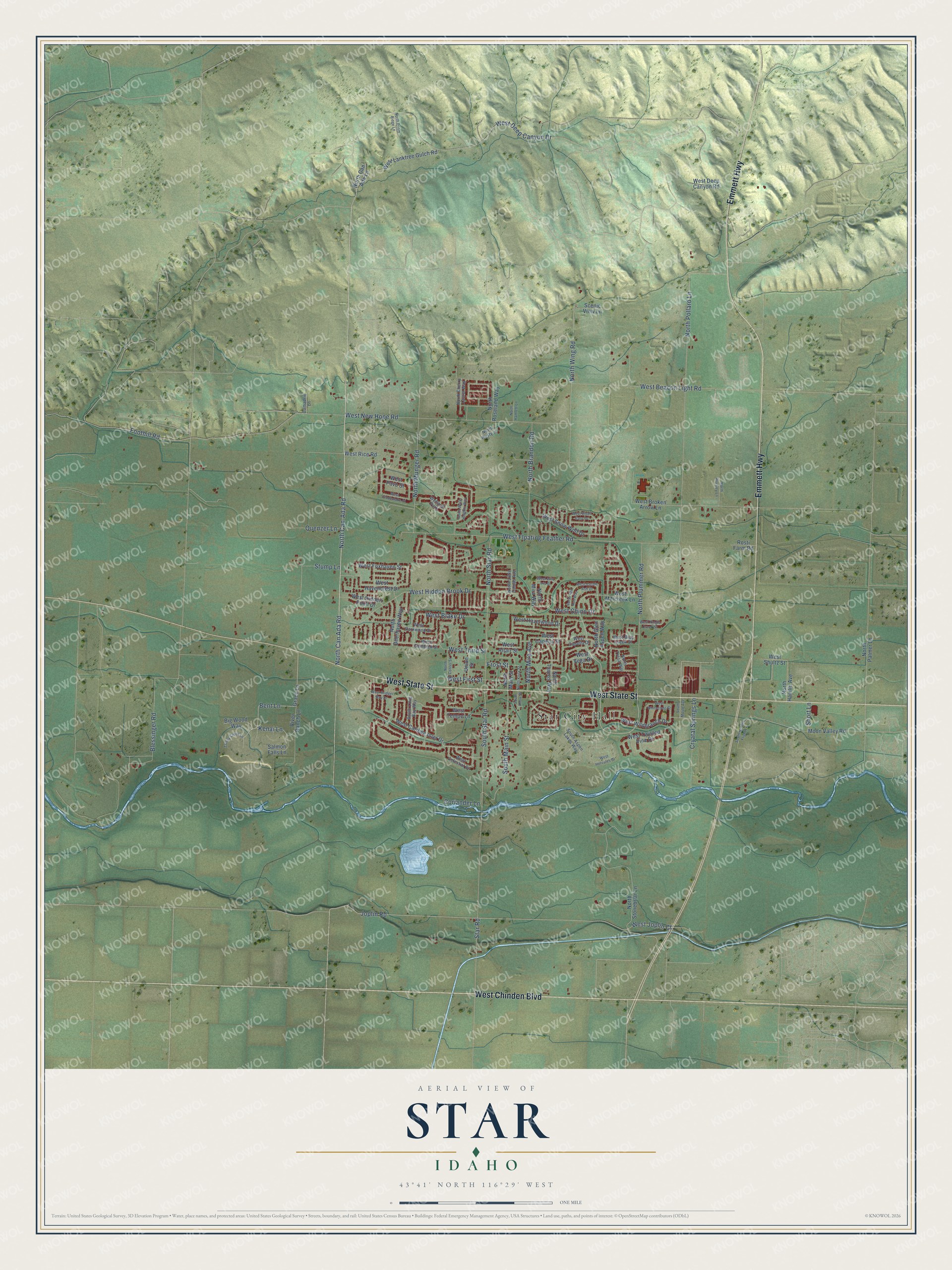 Full map of Star, Idaho, with red buildings, printed street names and the land around them