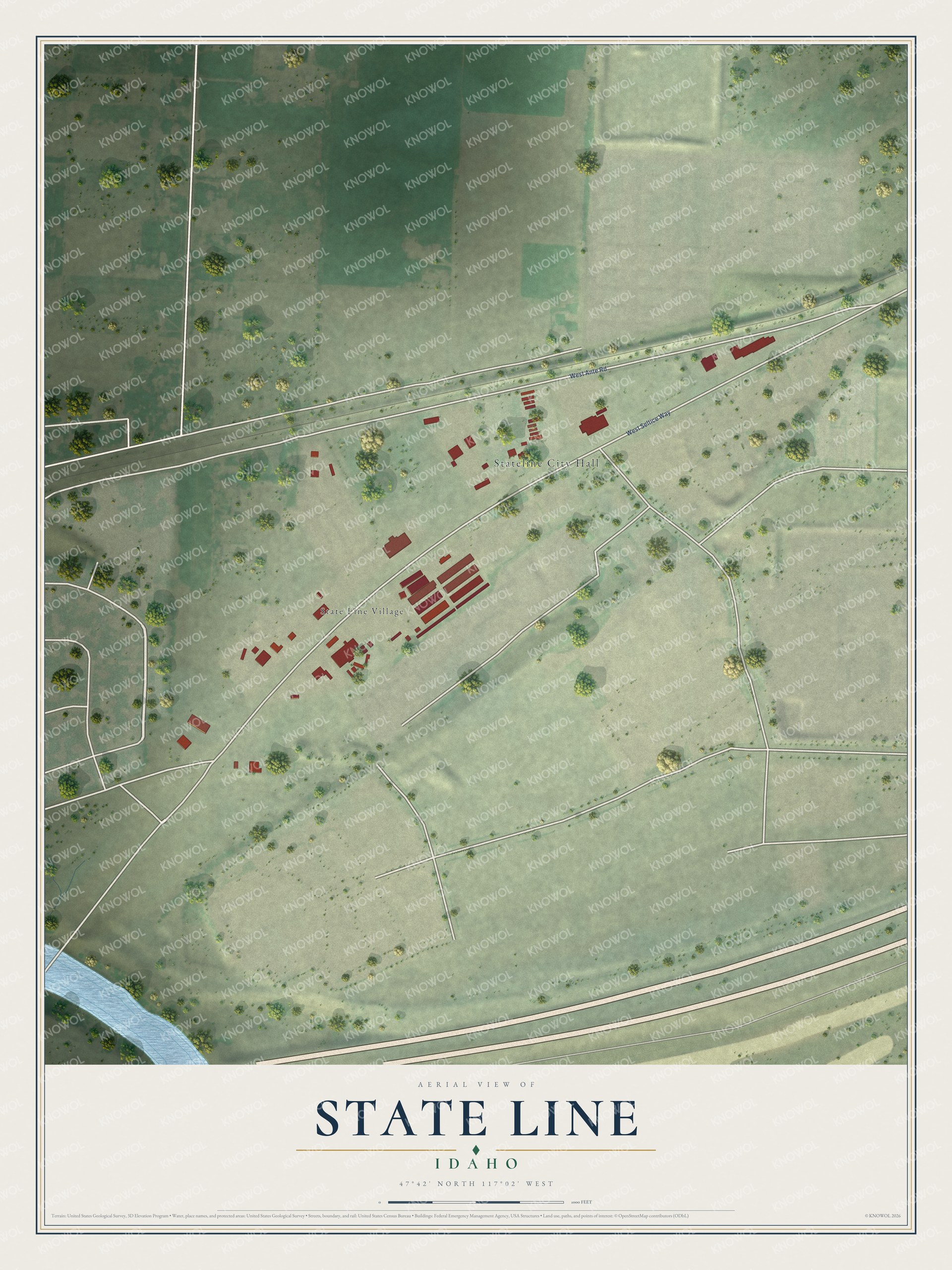 Full map of State Line, Idaho, with red buildings, printed street names and the land around them