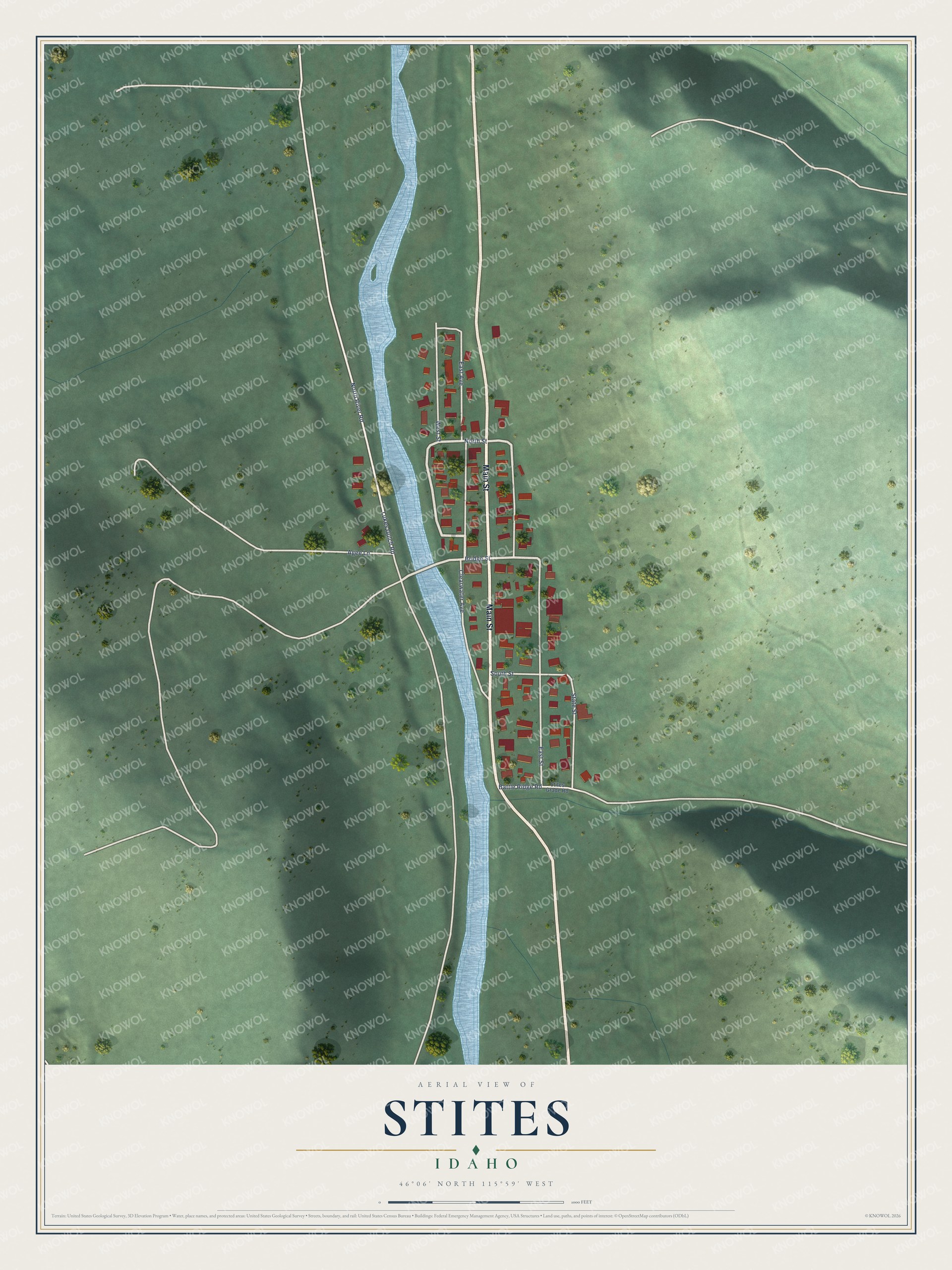 Full map of Stites, Idaho, with red buildings, printed street names and the land around them