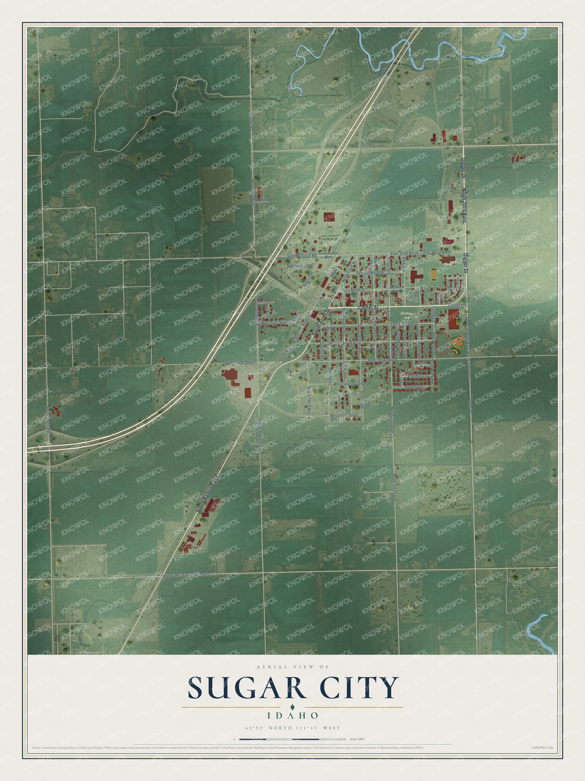 Full map of Sugar City, Idaho, with red buildings, printed street names and the land around them