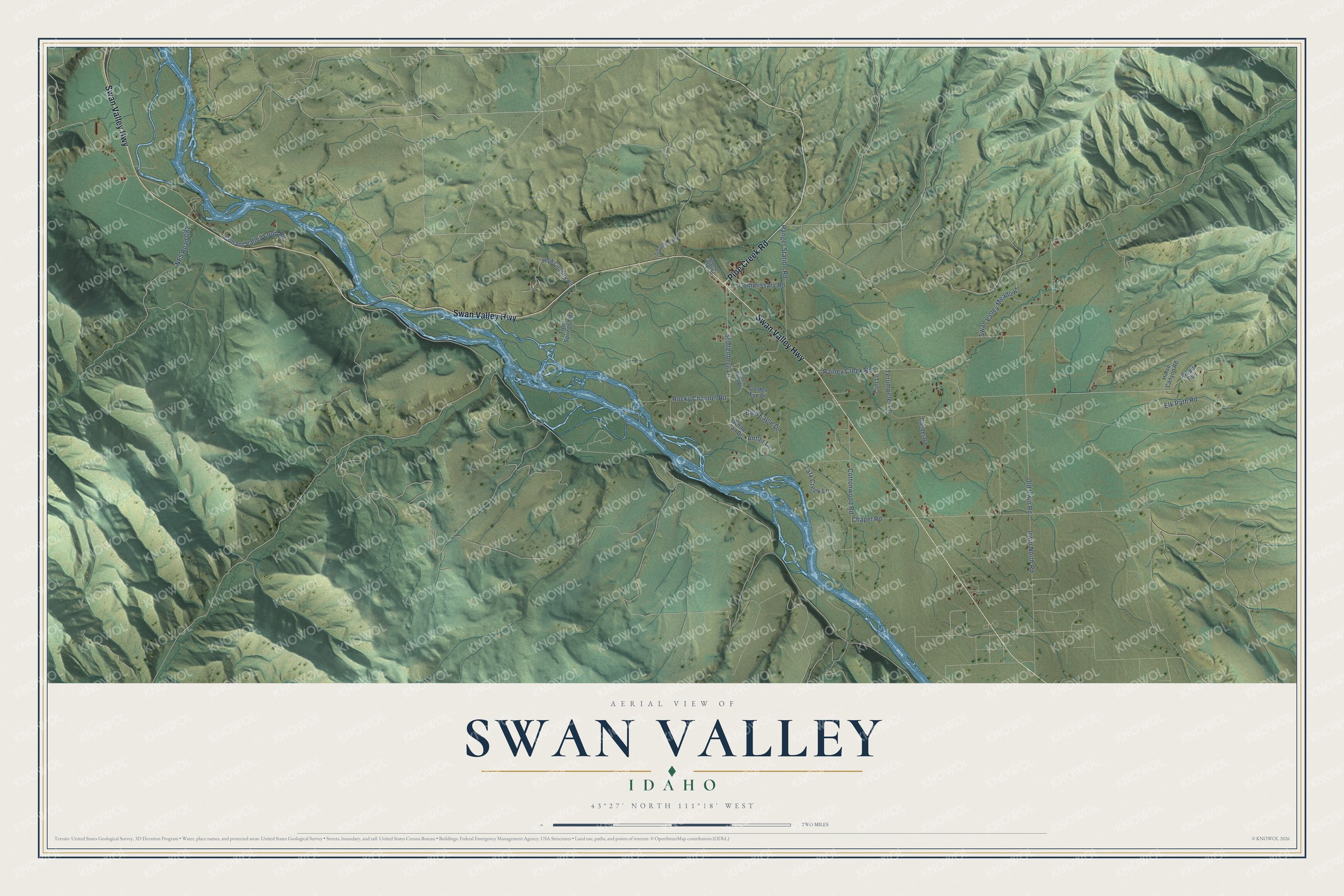 Full map of Swan Valley, Idaho, with red buildings, printed street names and the land around them