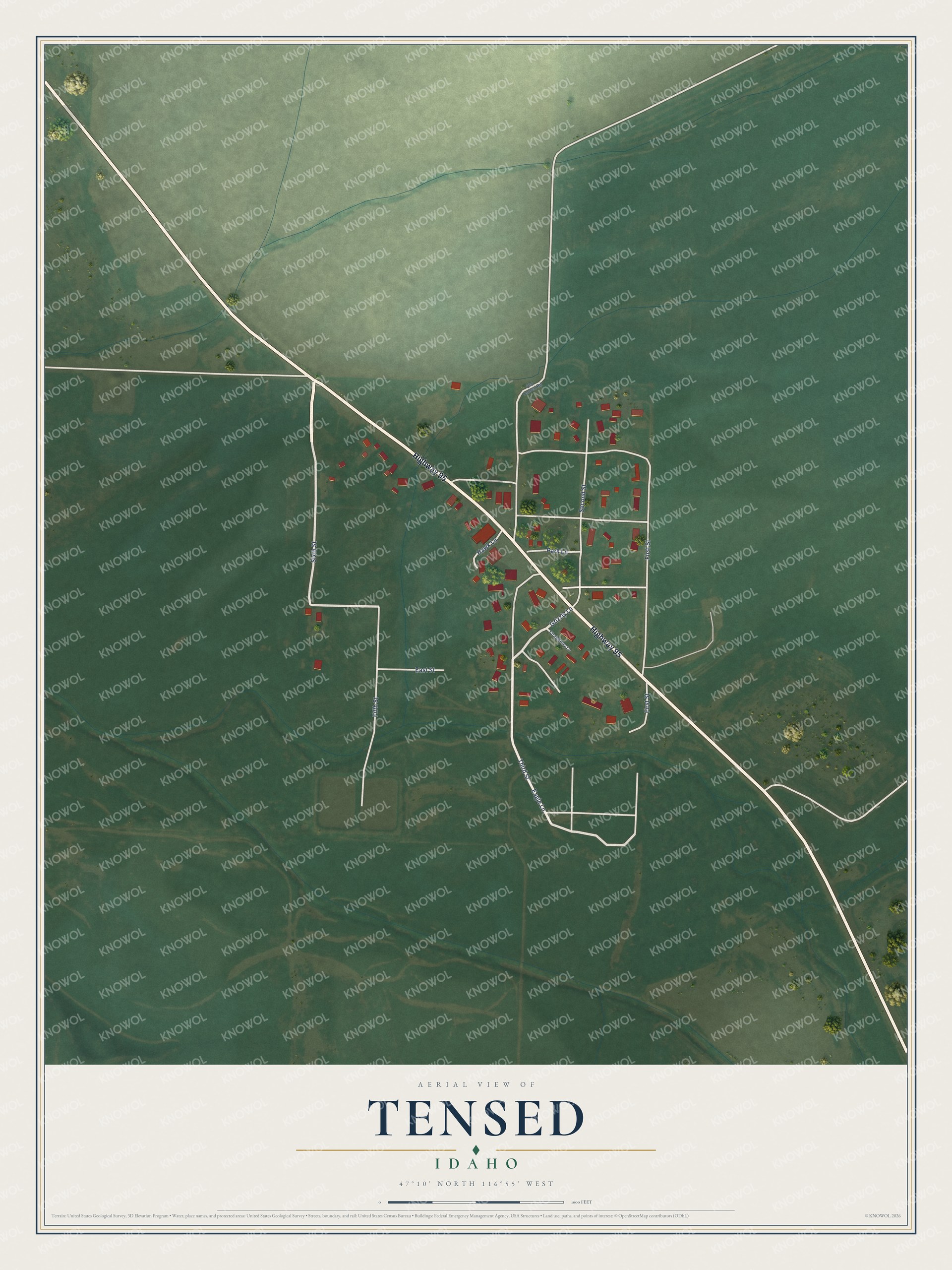 Full map of Tensed, Idaho, with red buildings, printed street names and the land around them