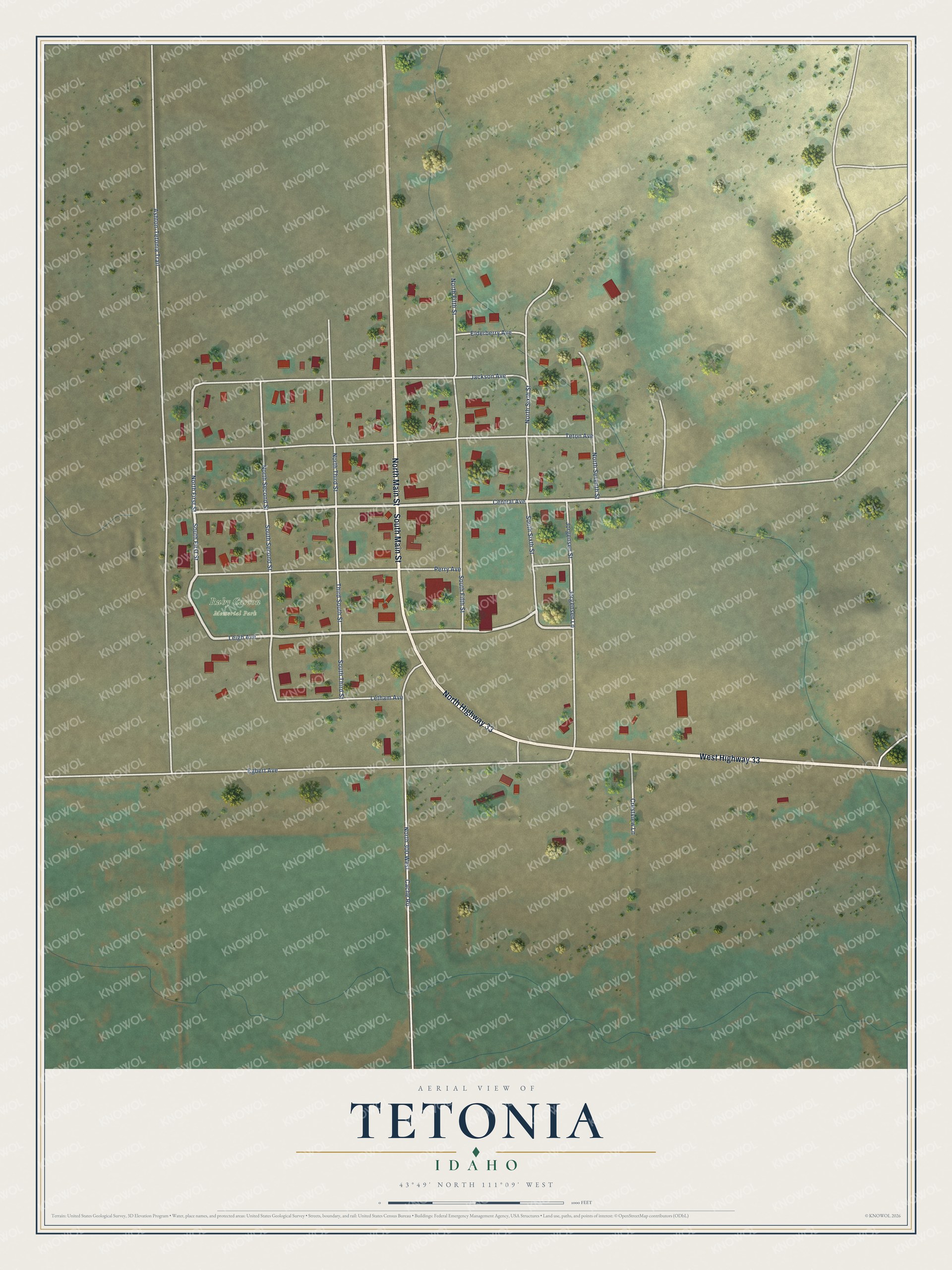 Full map of Tetonia, Idaho, with red buildings, printed street names and the land around them