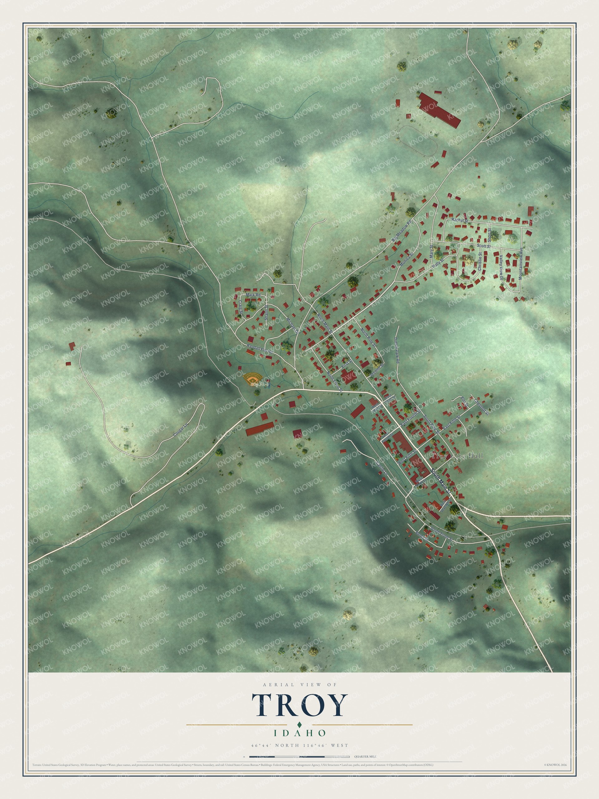 Full map of Troy, Idaho, with red buildings, printed street names and the land around them