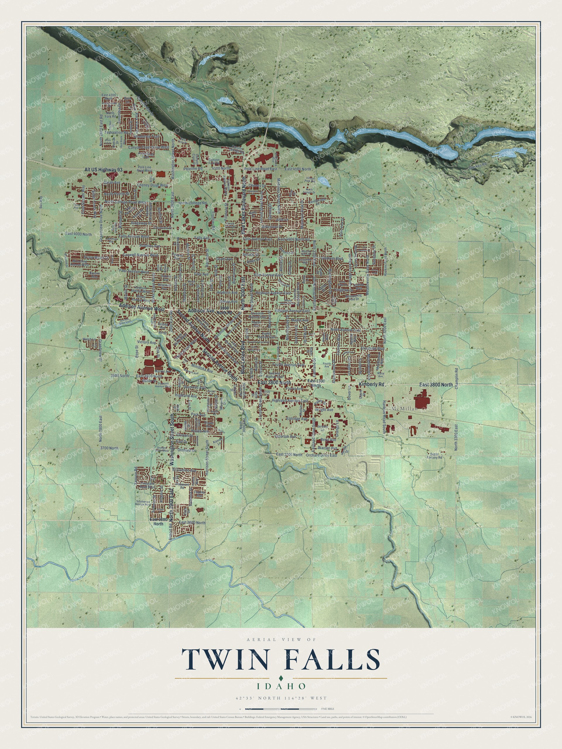 Full map of Twin Falls, Idaho, with red buildings, printed street names and the land around them