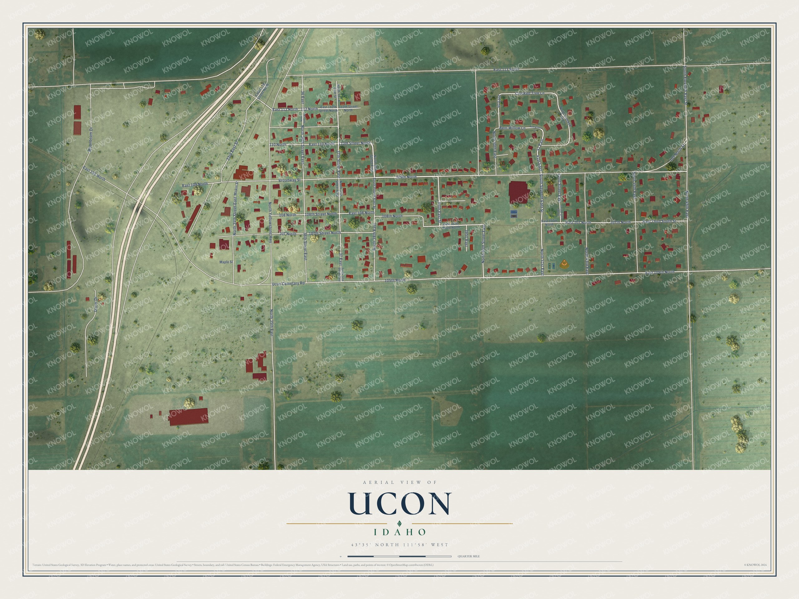 Full map of Ucon, Idaho, with red buildings, printed street names and the land around them