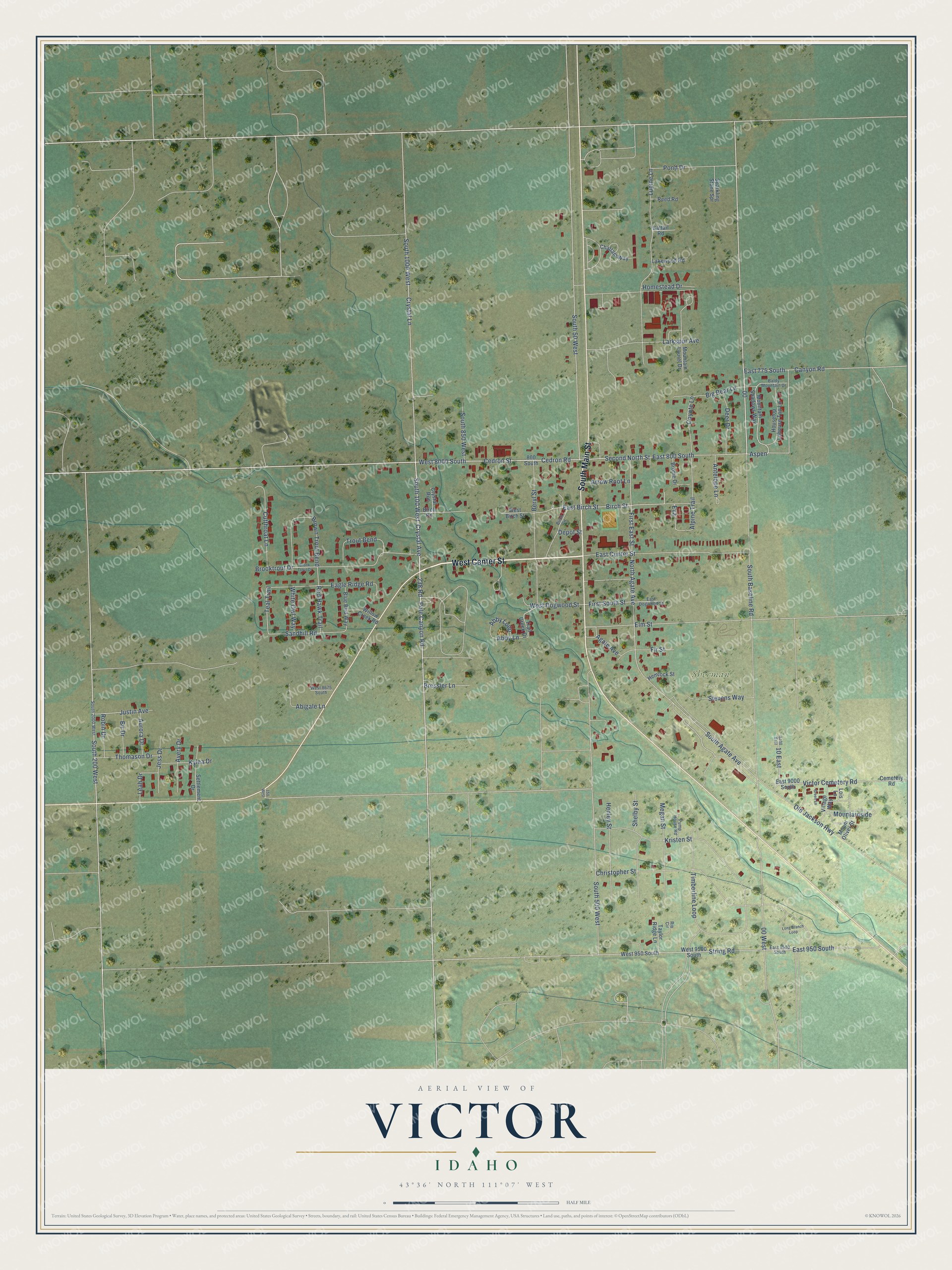 Full map of Victor, Idaho, with red buildings, printed street names and the land around them