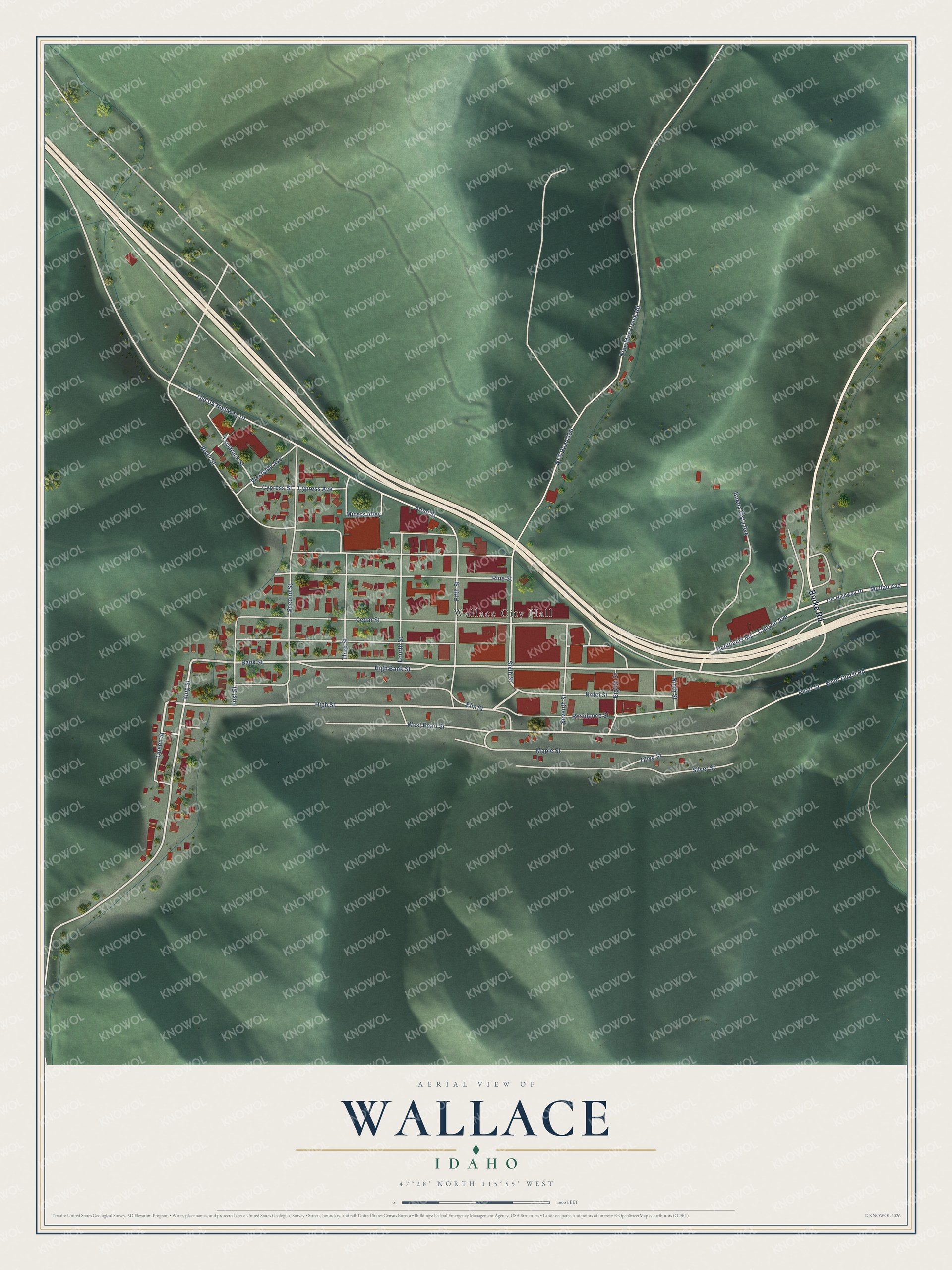 Full map of Wallace, Idaho, with red buildings, printed street names and the land around them