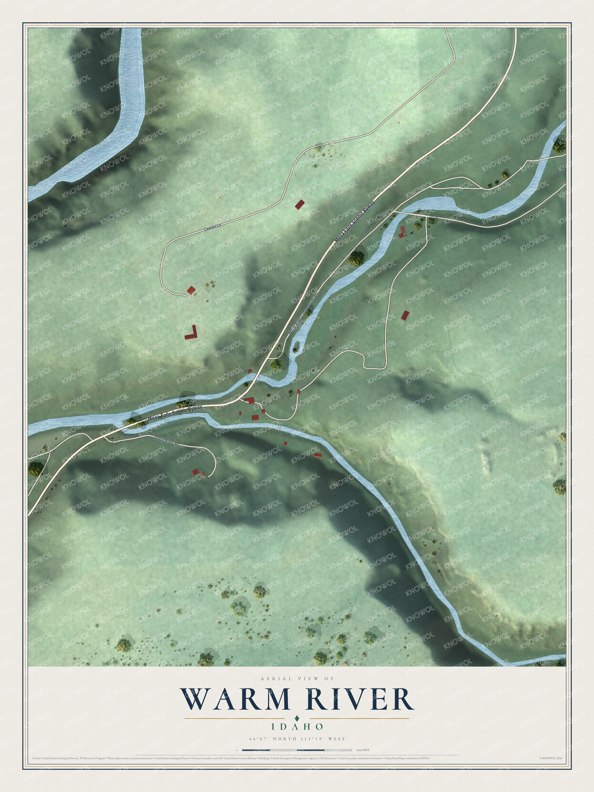 Full map of Warm River, Idaho, with red buildings, printed street names and the land around them