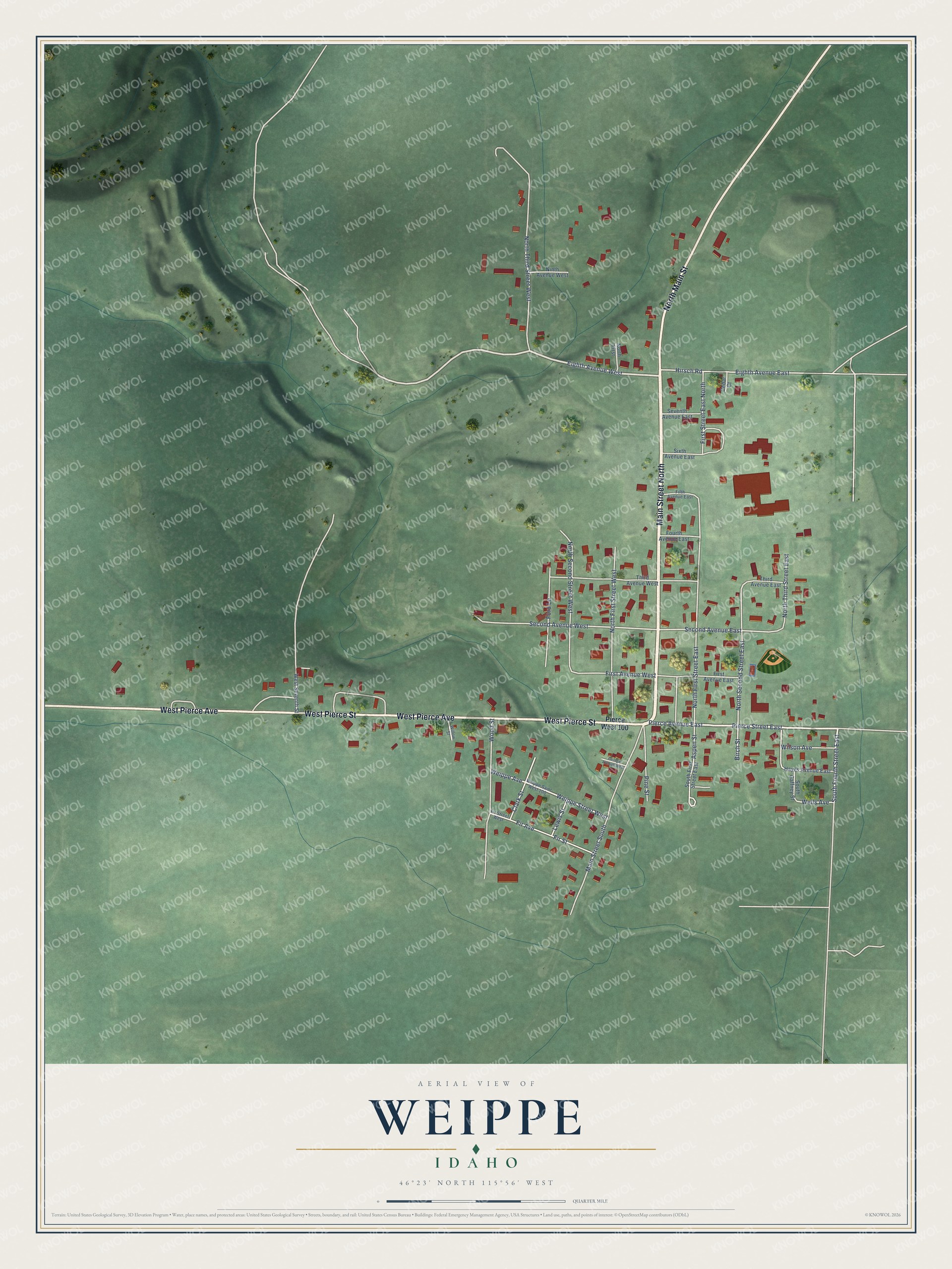 Full map of Weippe, Idaho, with red buildings, printed street names and the land around them