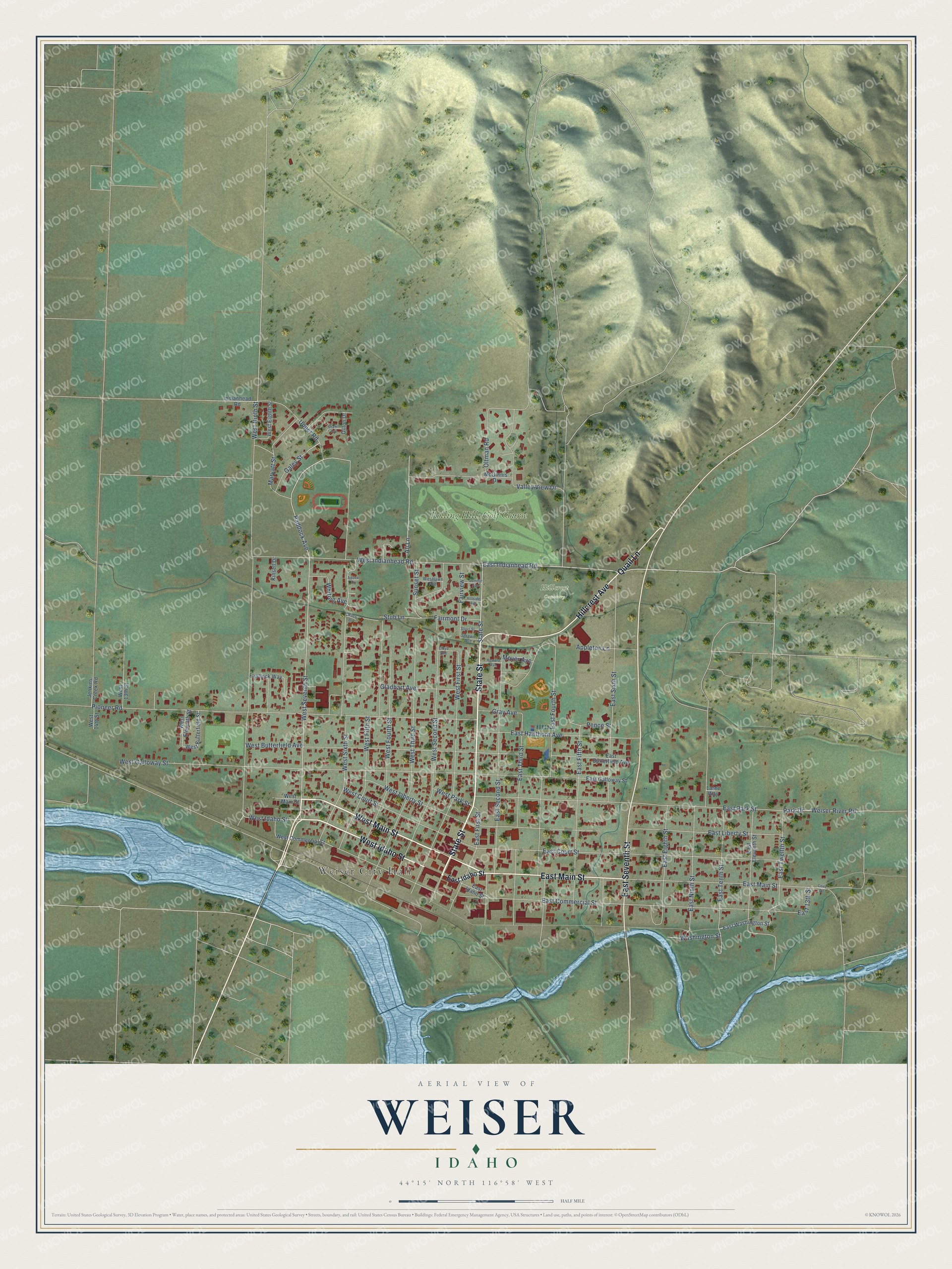 Full map of Weiser, Idaho, with red buildings, printed street names and the land around them