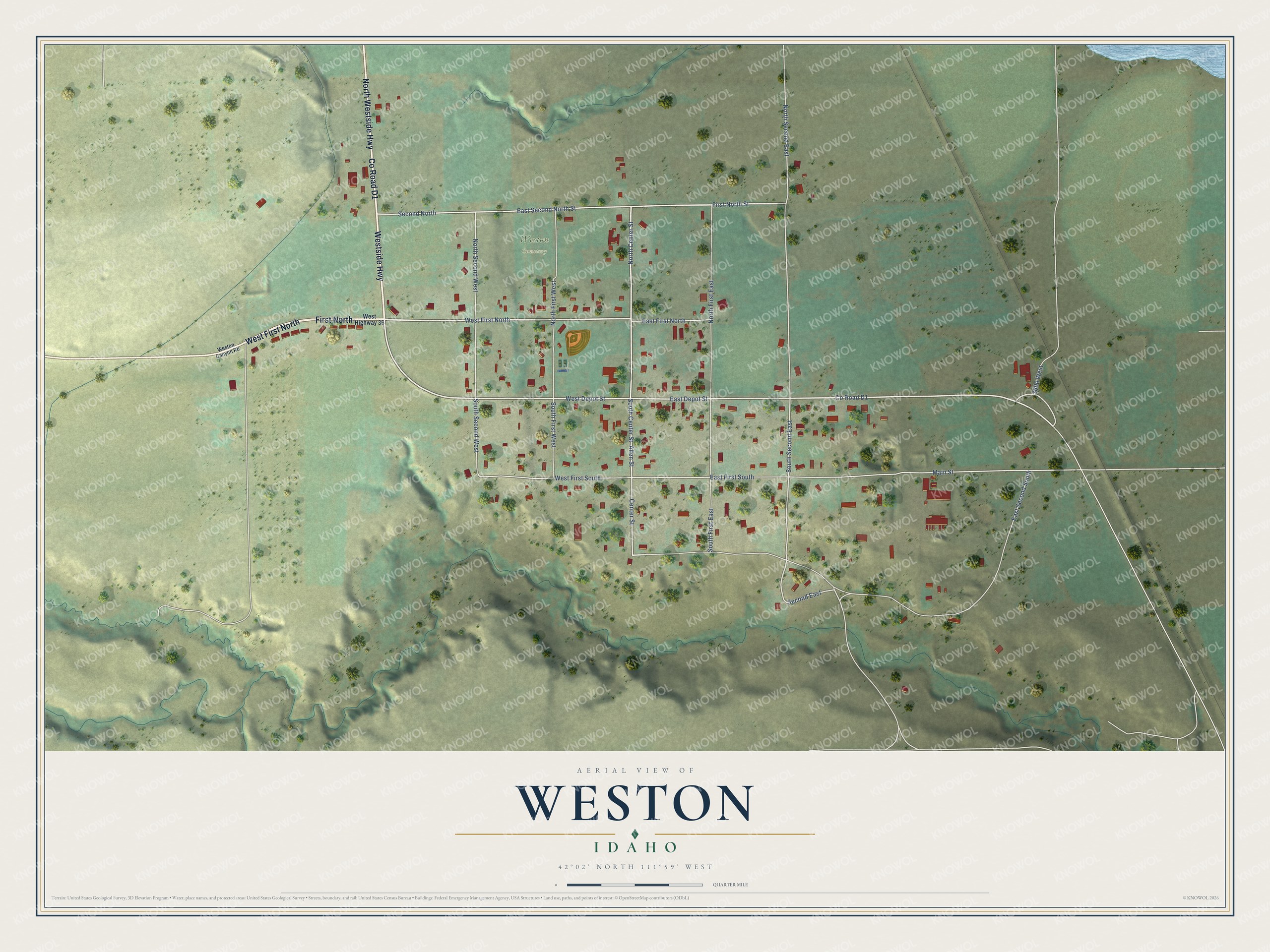 Full map of Weston, Idaho, with red buildings, printed street names and the land around them