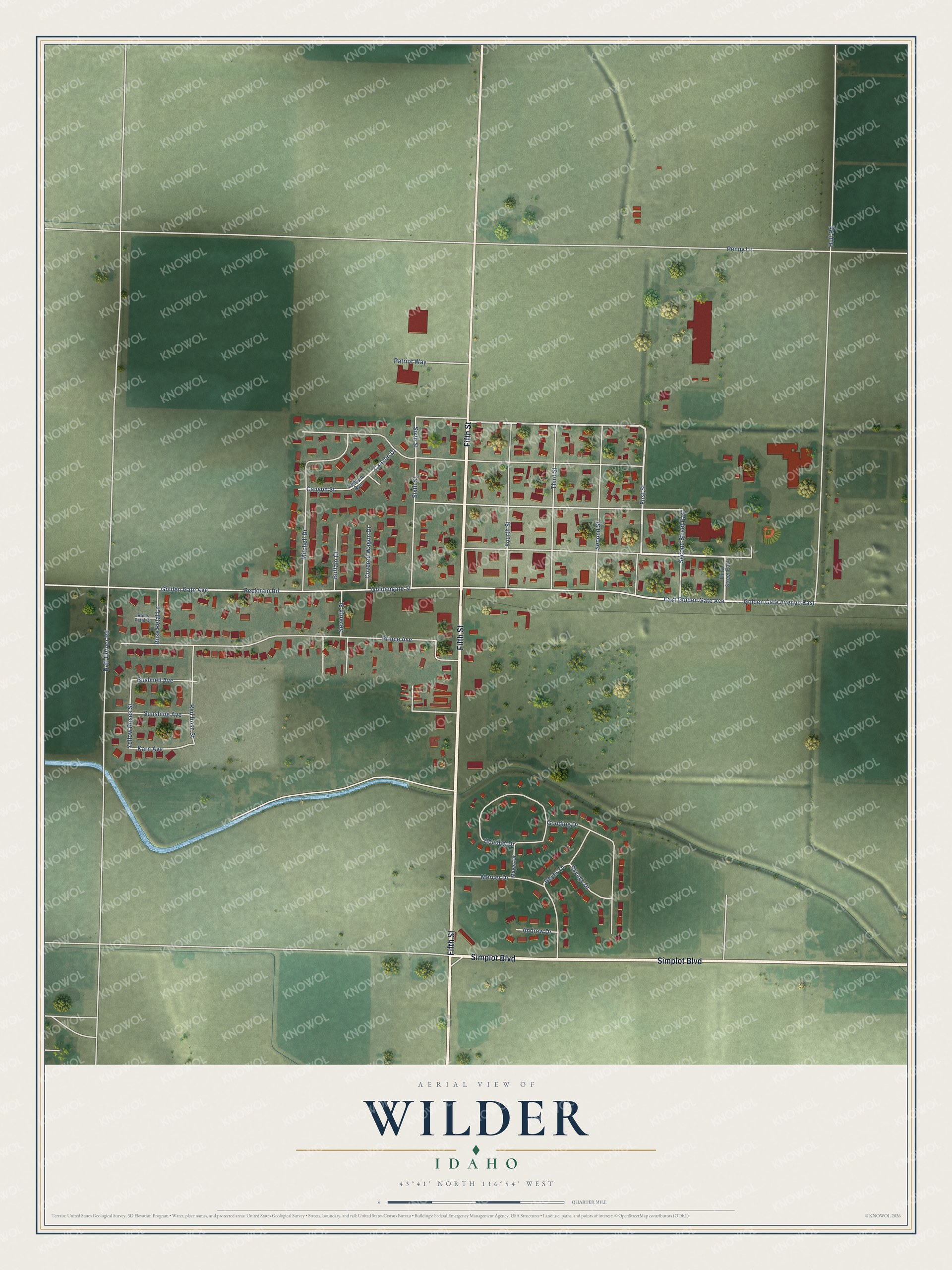 Full map of Wilder, Idaho, with red buildings, printed street names and the land around them
