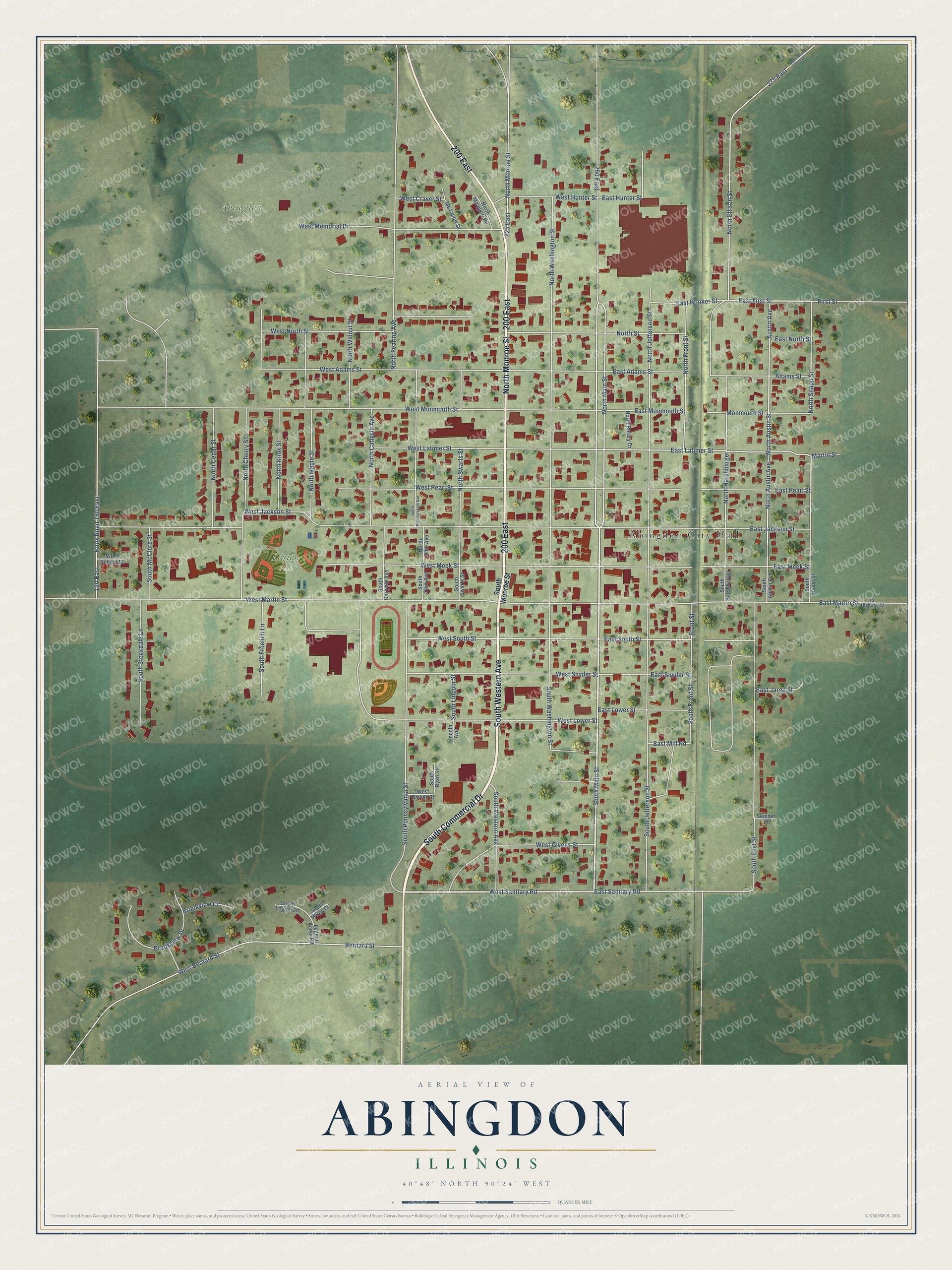 Full map of Abingdon, Illinois, with red buildings, printed street names and the land around them