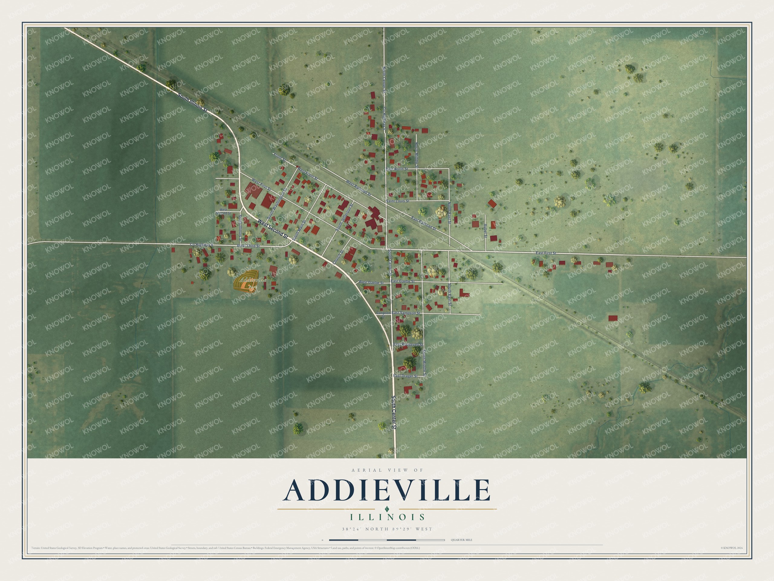 Full map of Addieville, Illinois, with red buildings, printed street names and the land around them