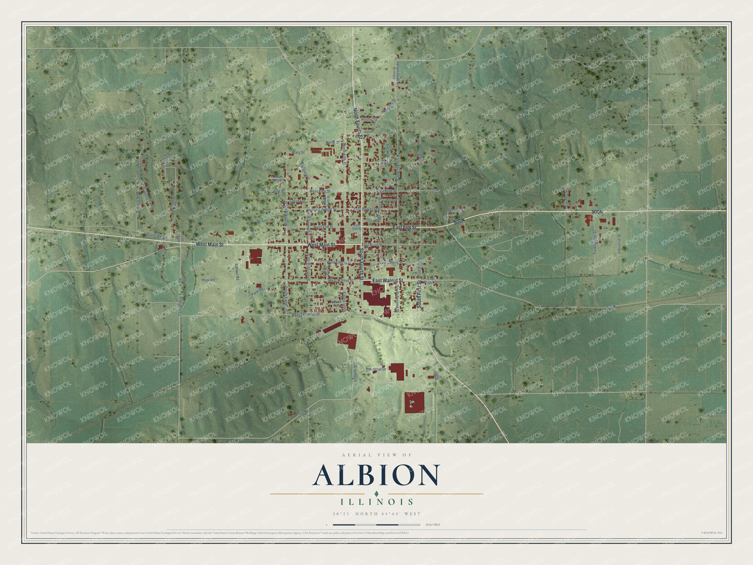 Full map of Albion, Illinois, with red buildings, printed street names and the land around them