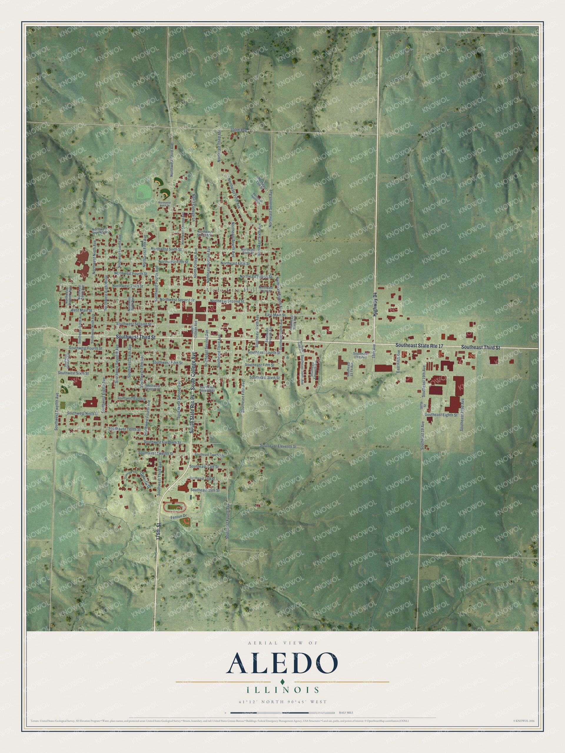 Full map of Aledo, Illinois, with red buildings, printed street names and the land around them