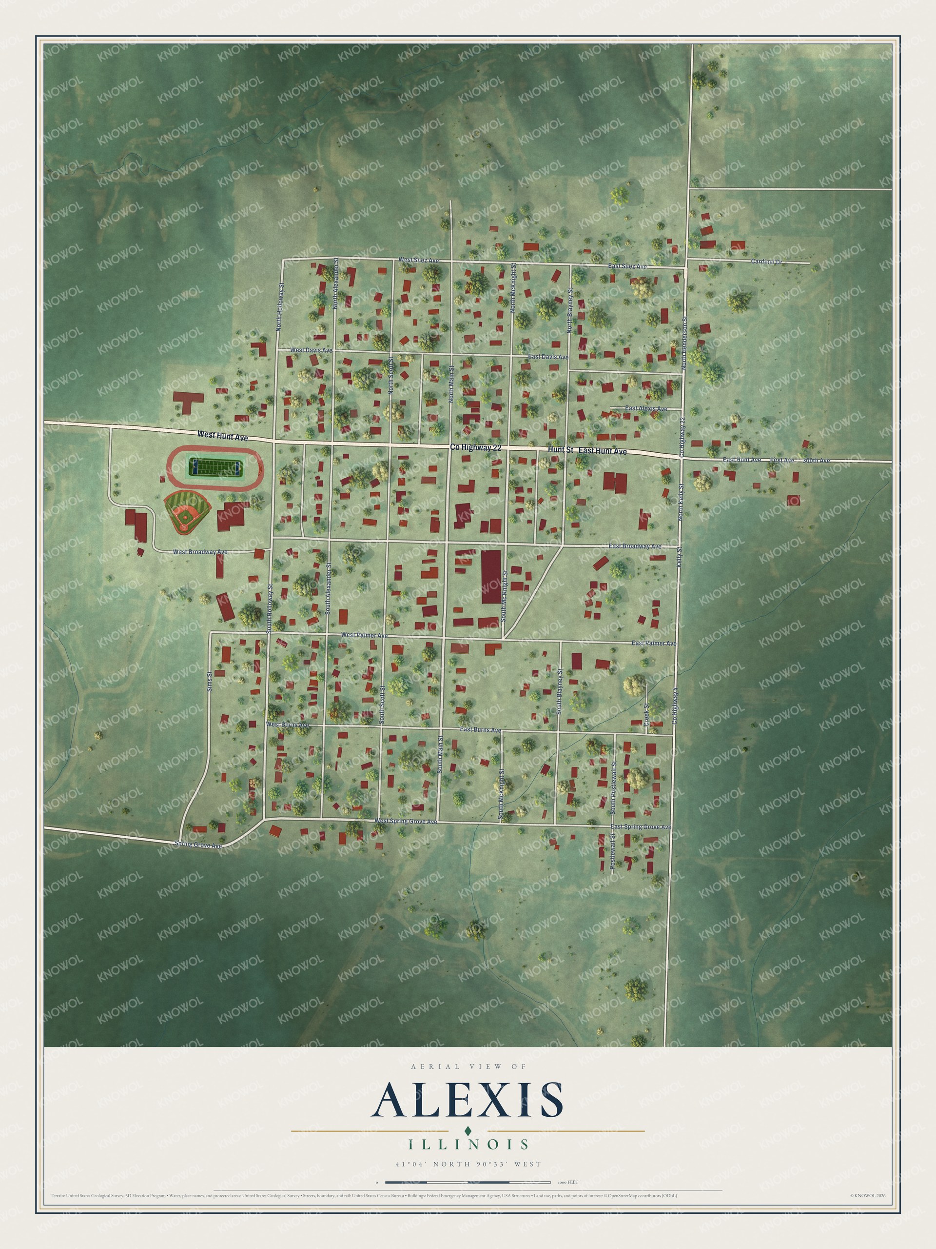 Full map of Alexis, Illinois, with red buildings, printed street names and the land around them