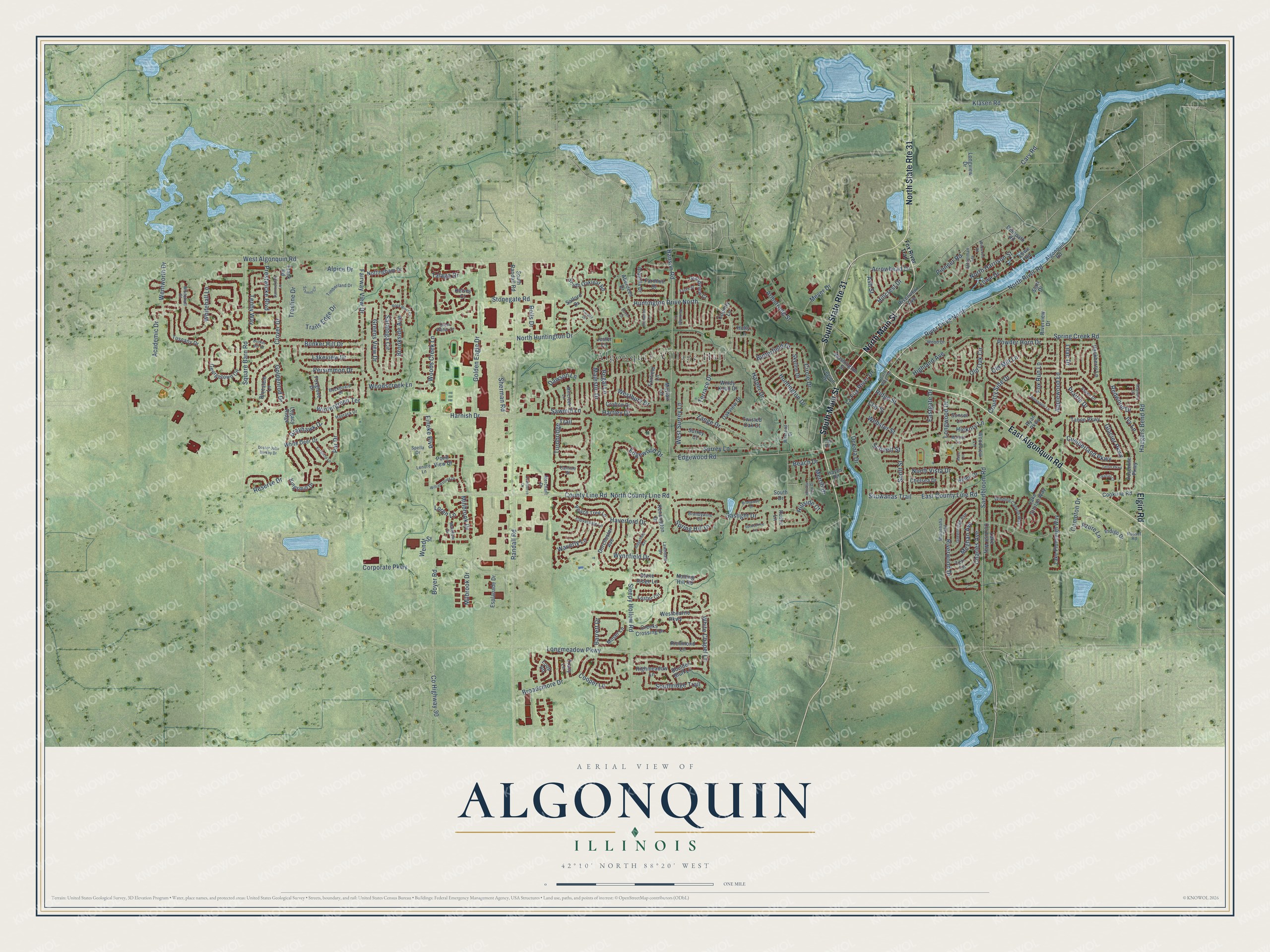 Full map of Algonquin, Illinois, with red buildings, printed street names and the land around them