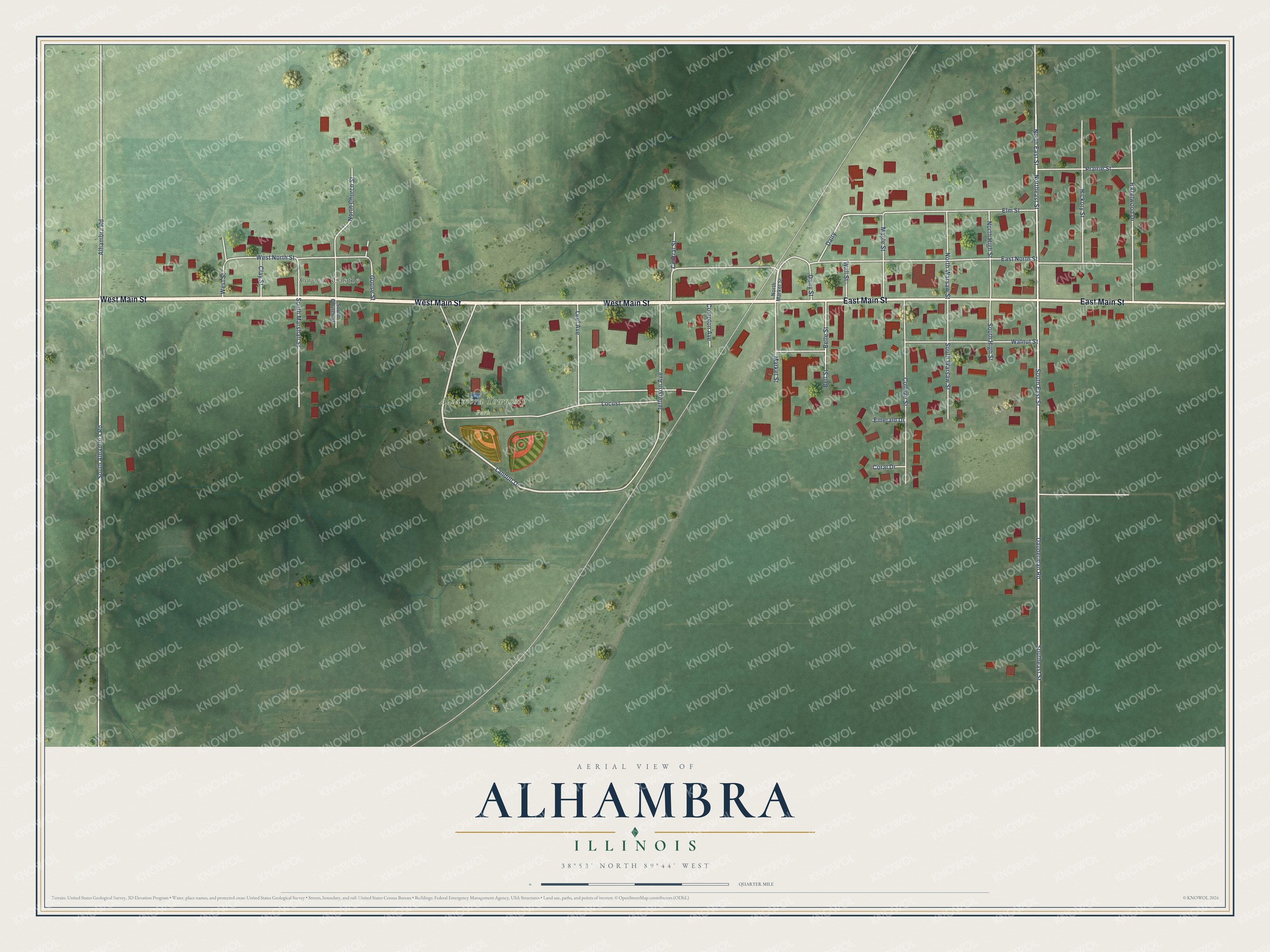 Full map of Alhambra, Illinois, with red buildings, printed street names and the land around them