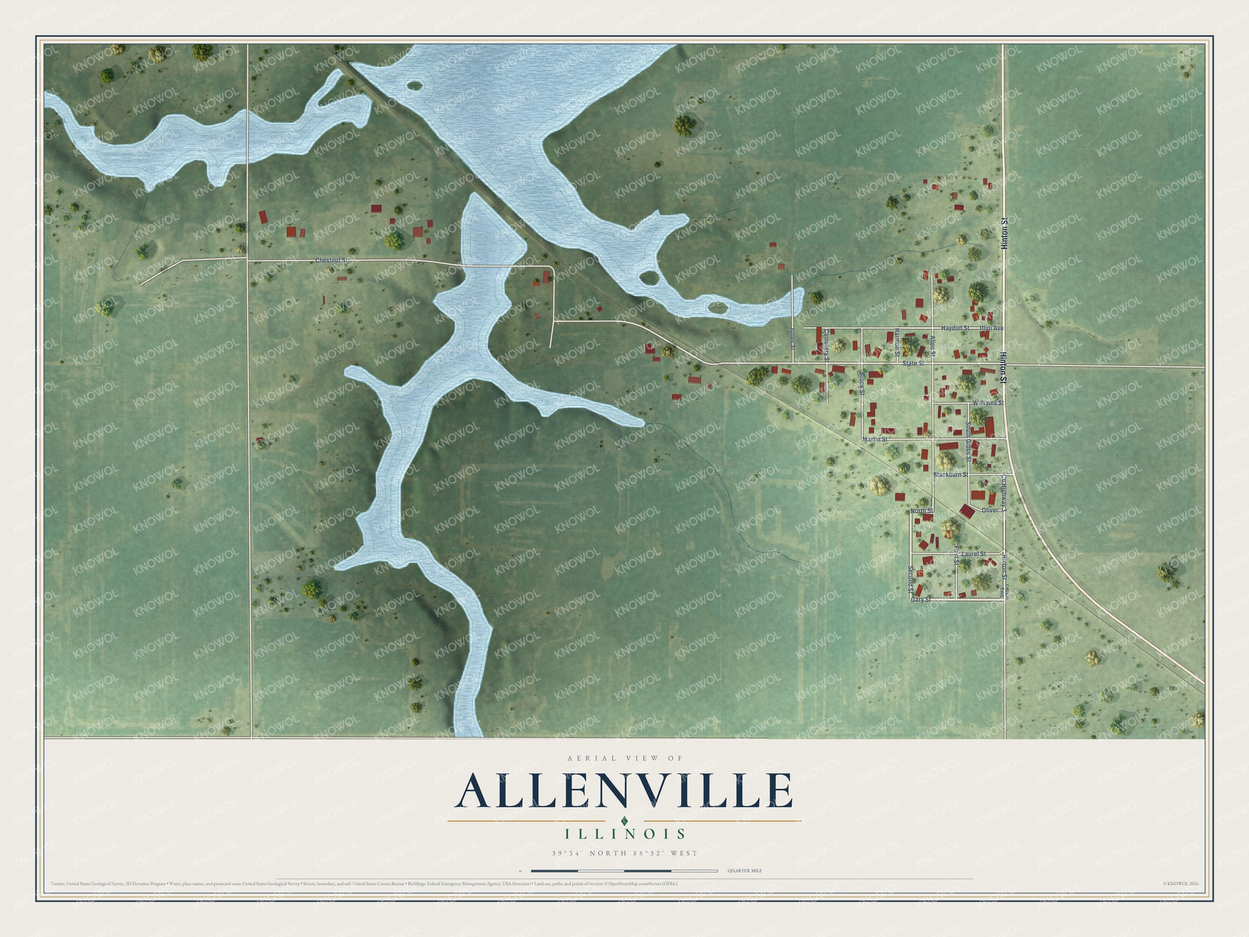 Full map of Allenville, Illinois, with red buildings, printed street names and the land around them