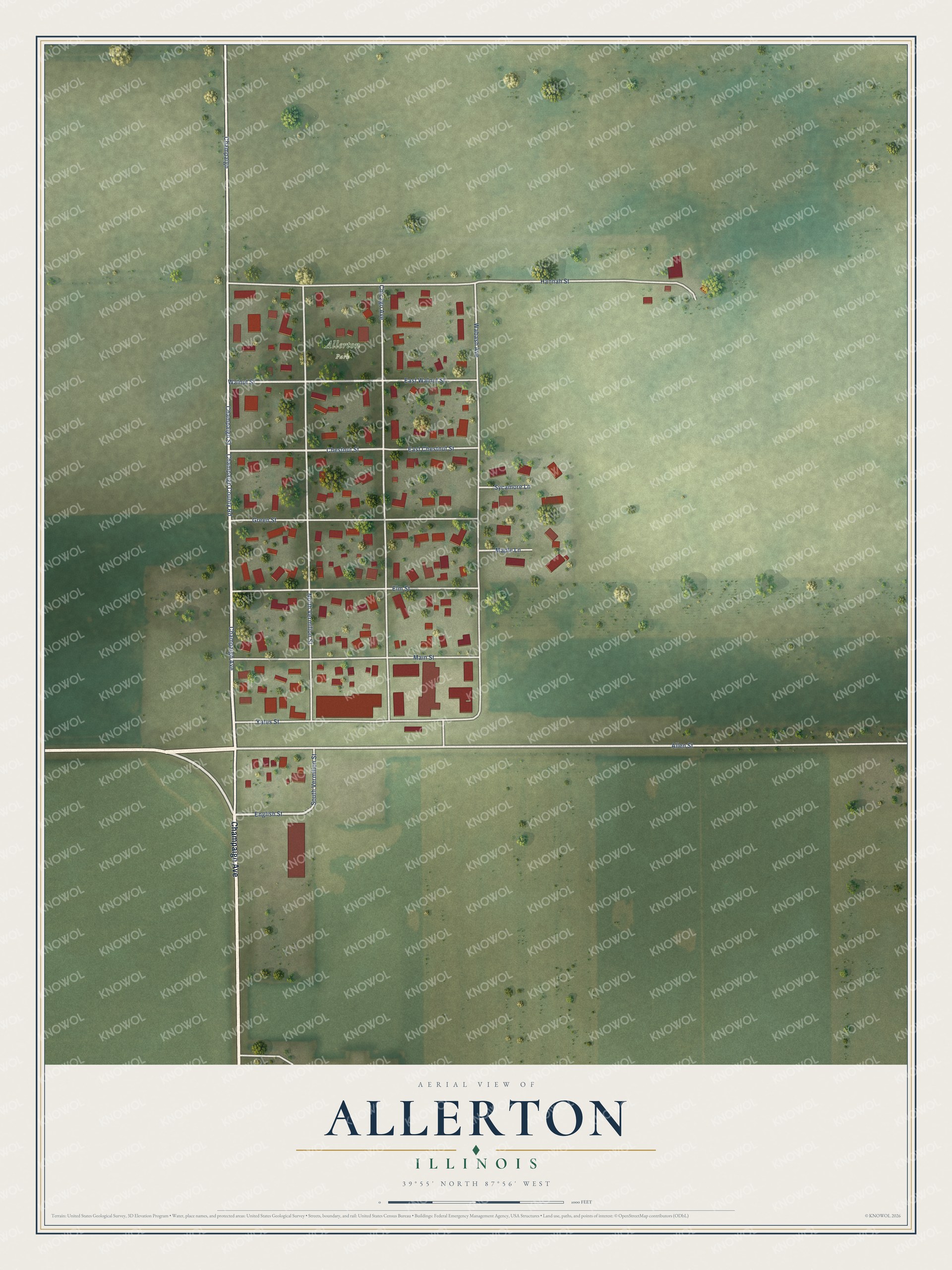 Full map of Allerton, Illinois, with red buildings, printed street names and the land around them