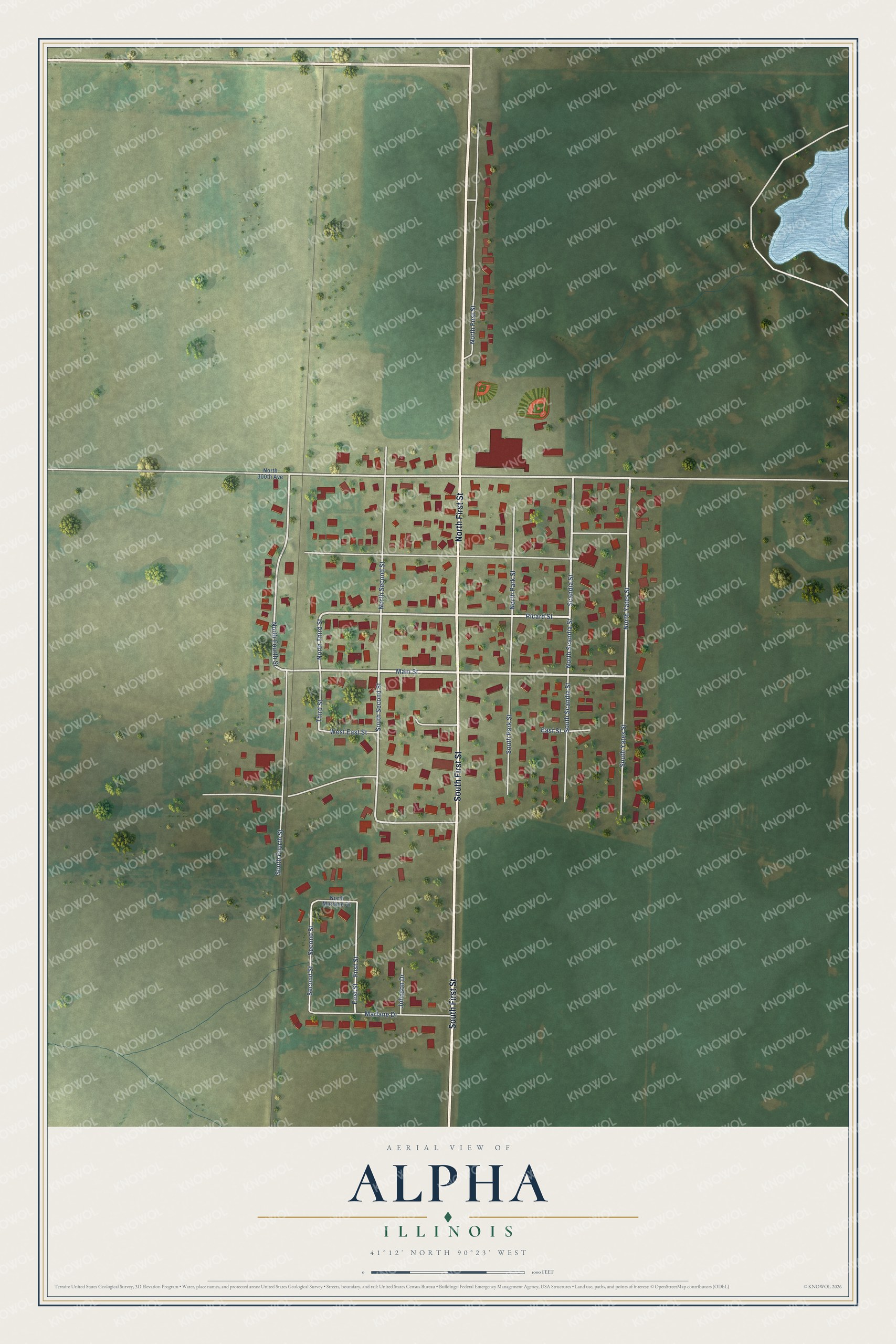 Full map of Alpha, Illinois, with red buildings, printed street names and the land around them