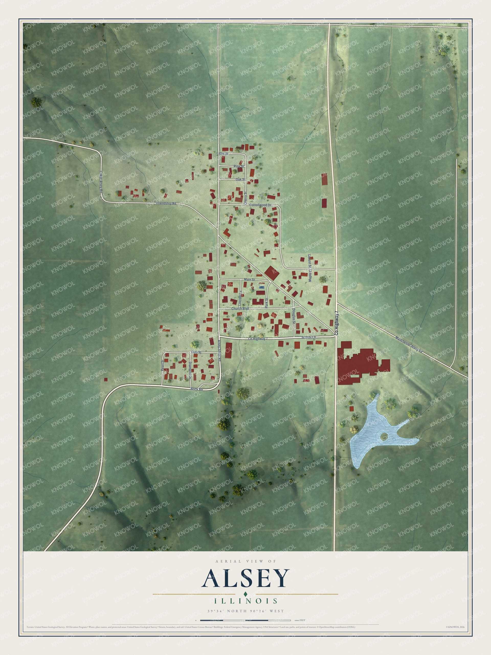 Full map of Alsey, Illinois, with red buildings, printed street names and the land around them