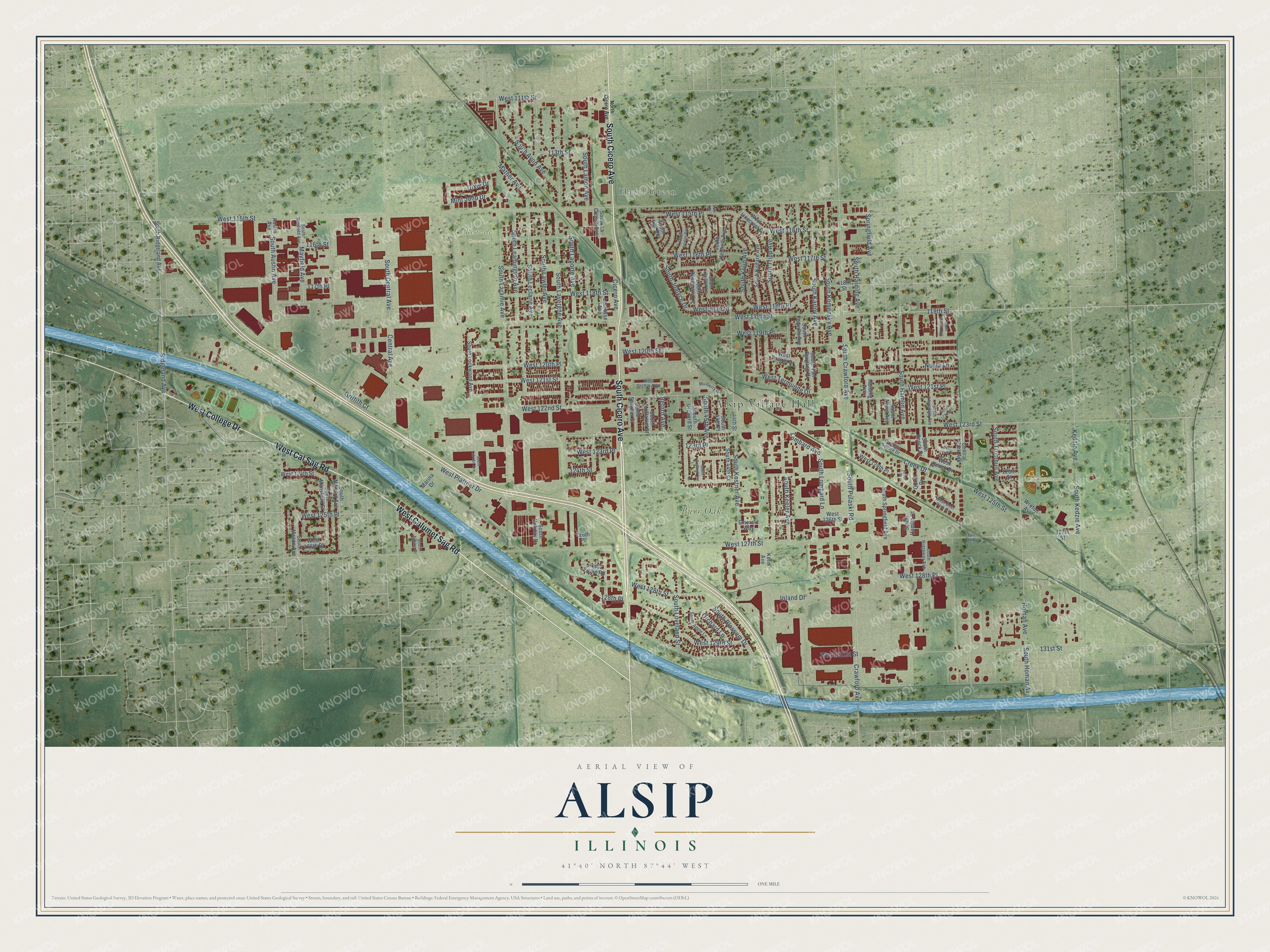 Full map of Alsip, Illinois, with red buildings, printed street names and the land around them