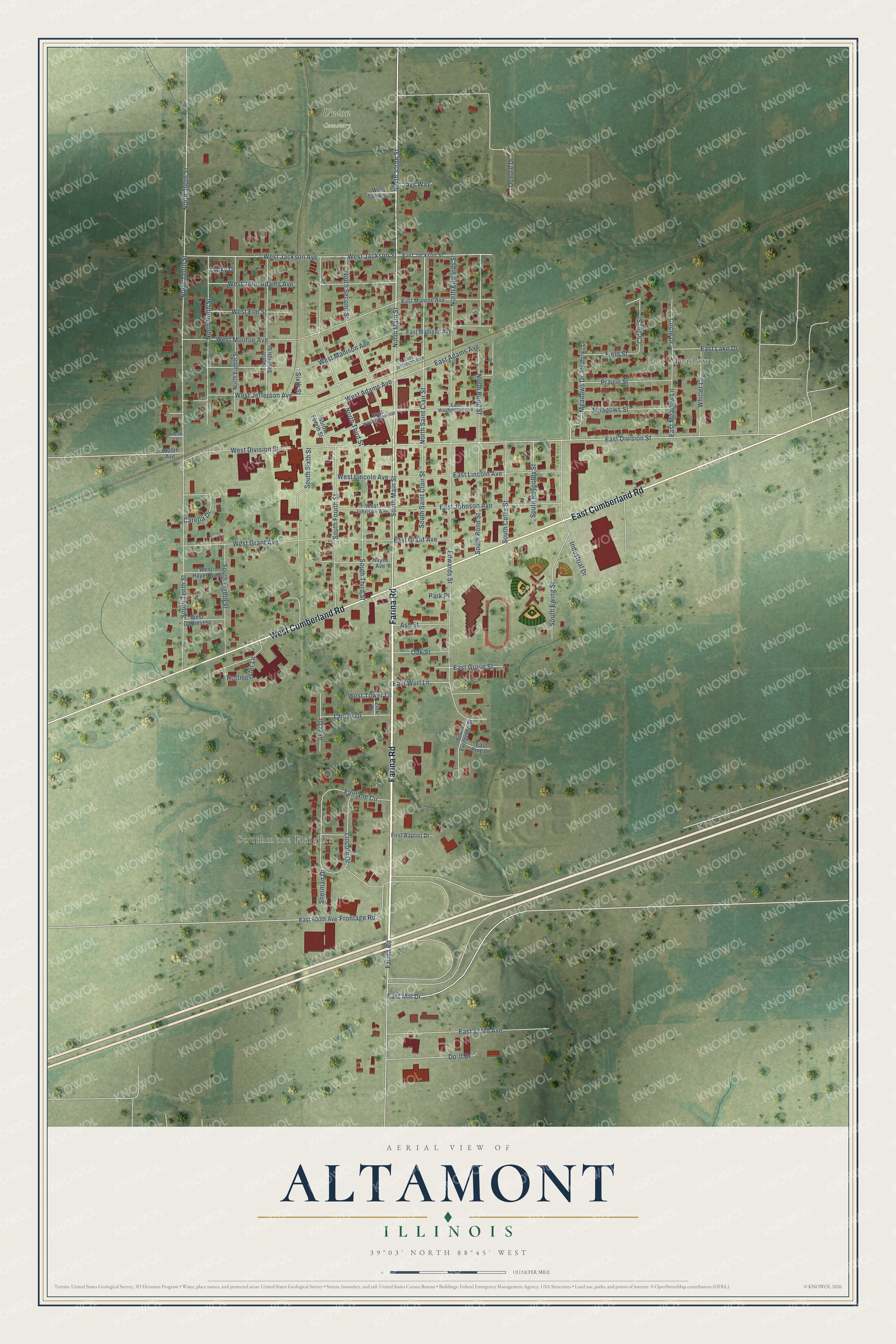 Full map of Altamont, Illinois, with red buildings, printed street names and the land around them