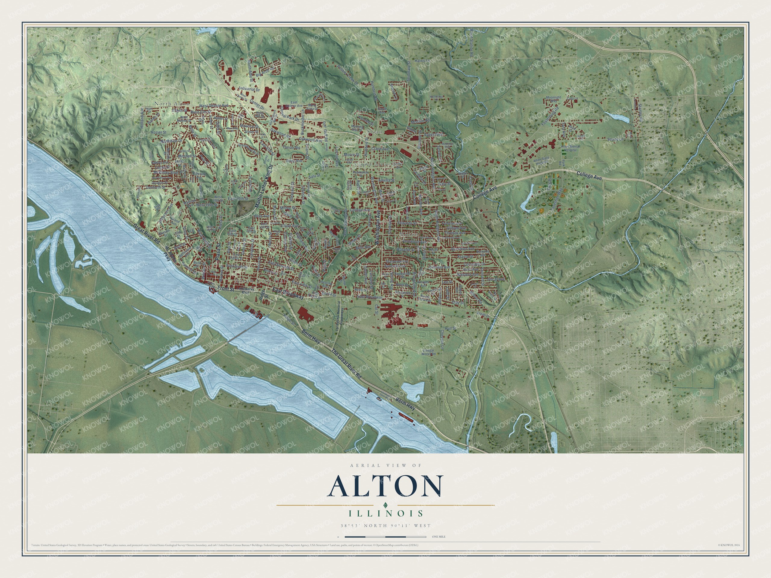 Full map of Alton, Illinois, with red buildings, printed street names and the land around them