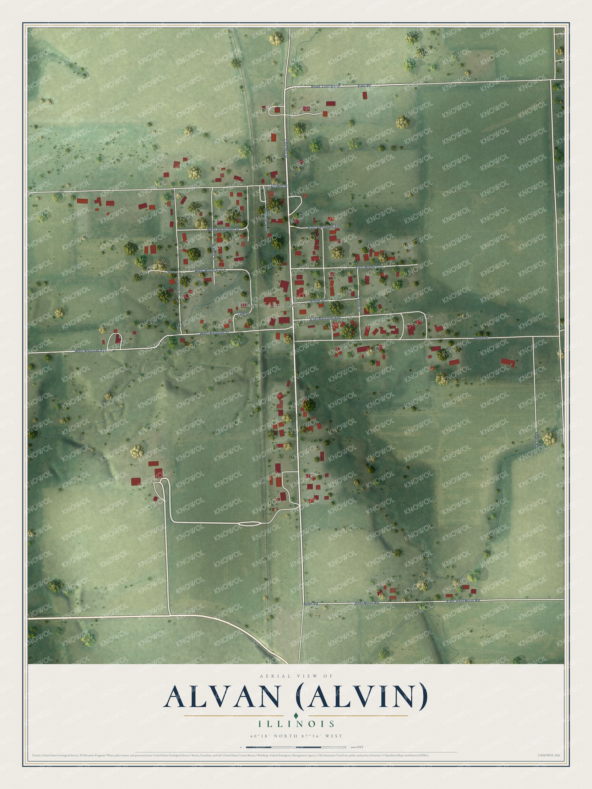 Full map of Alvan (Alvin), Illinois, with red buildings, printed street names and the land around them