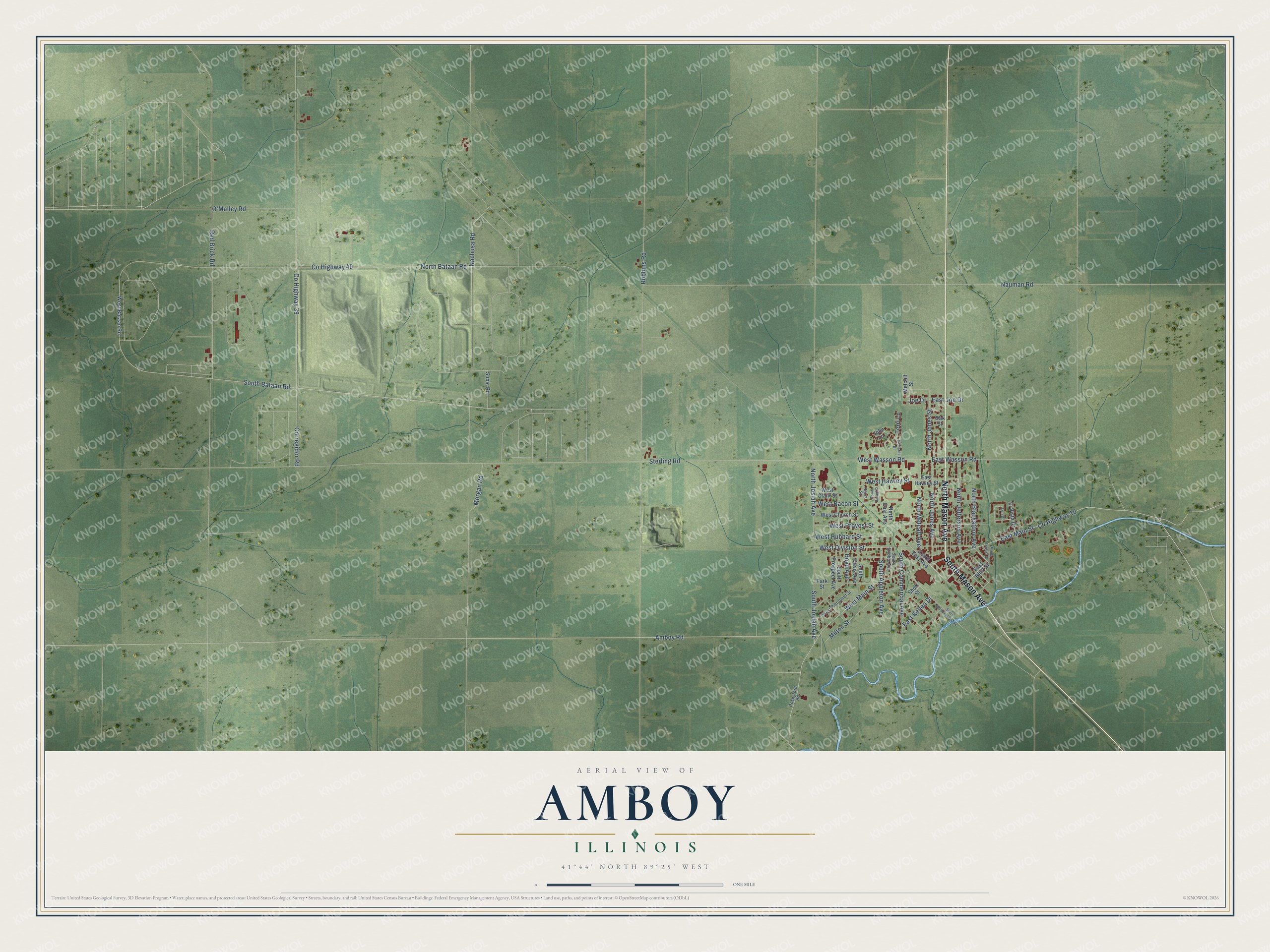 Full map of Amboy, Illinois, with red buildings, printed street names and the land around them