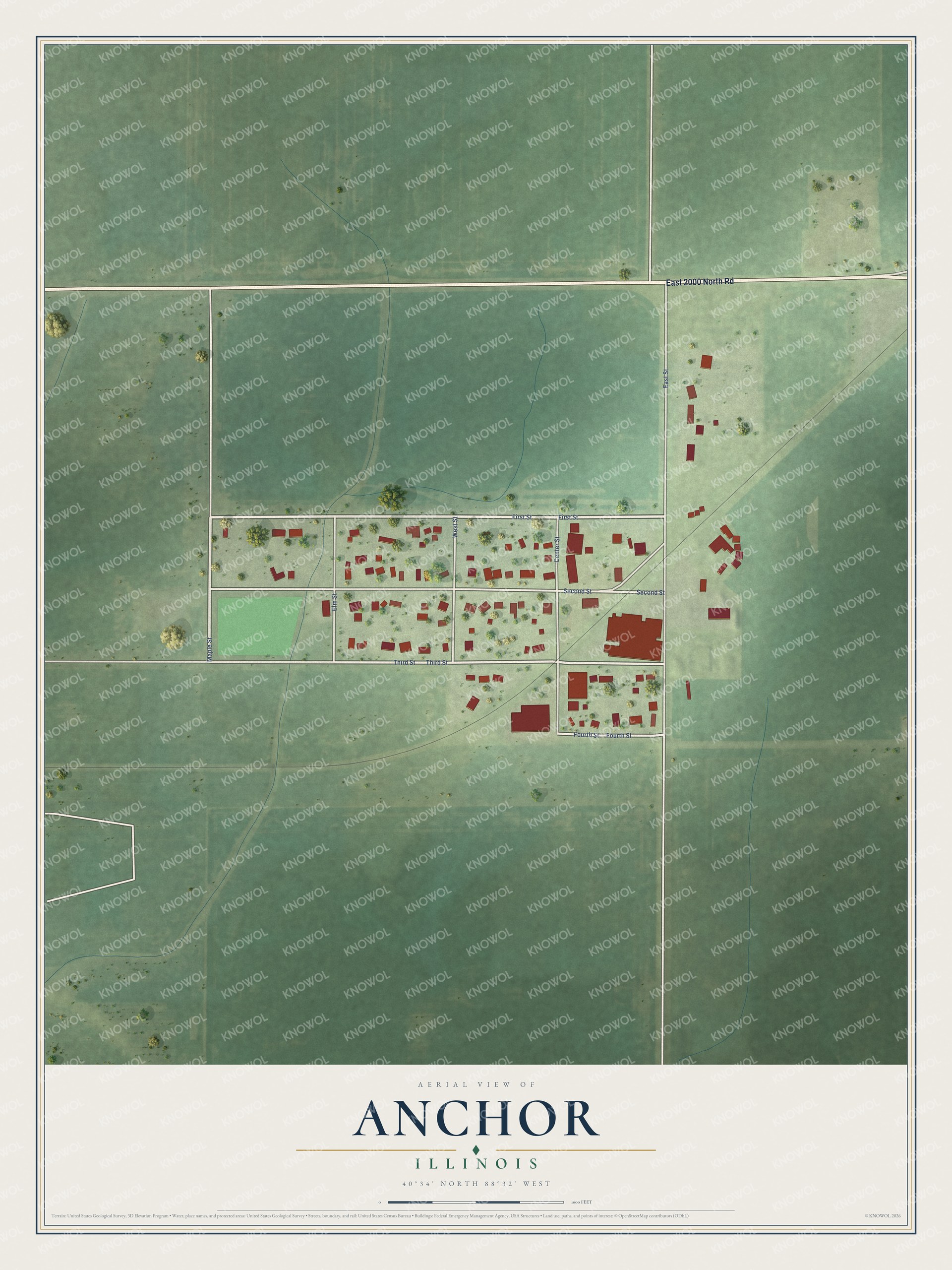 Full map of Anchor, Illinois, with red buildings, printed street names and the land around them