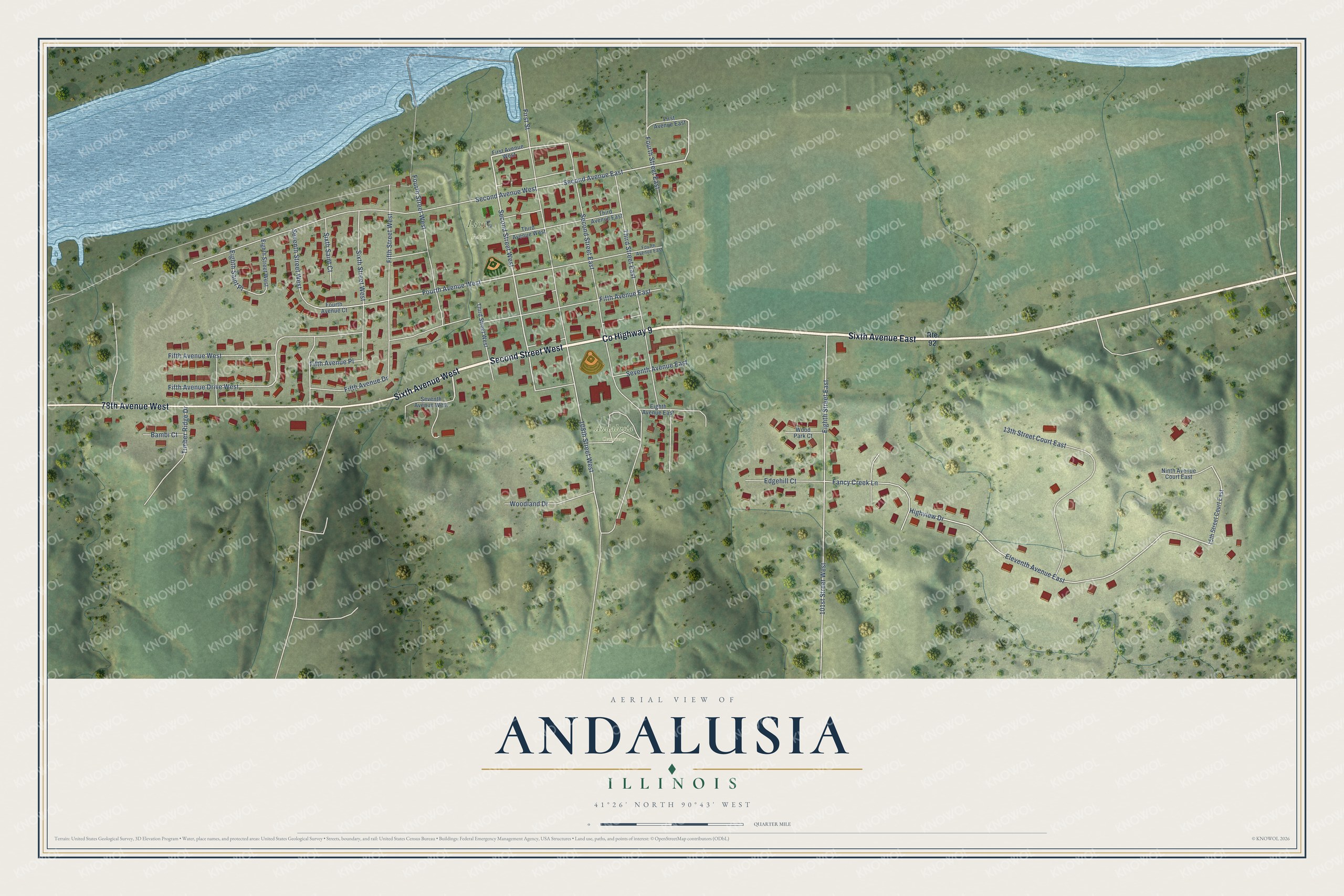 Full map of Andalusia, Illinois, with red buildings, printed street names and the land around them