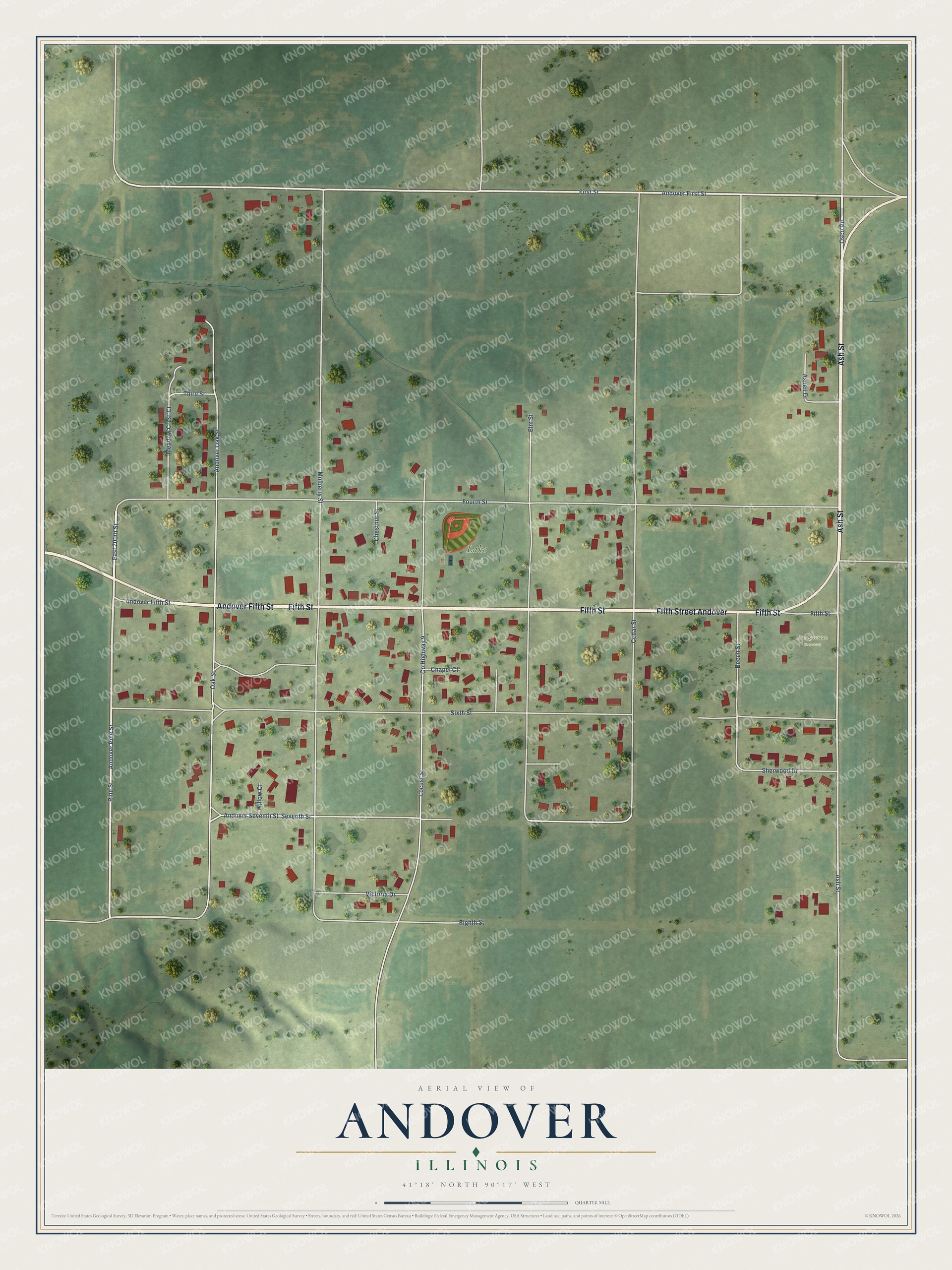 Full map of Andover, Illinois, with red buildings, printed street names and the land around them