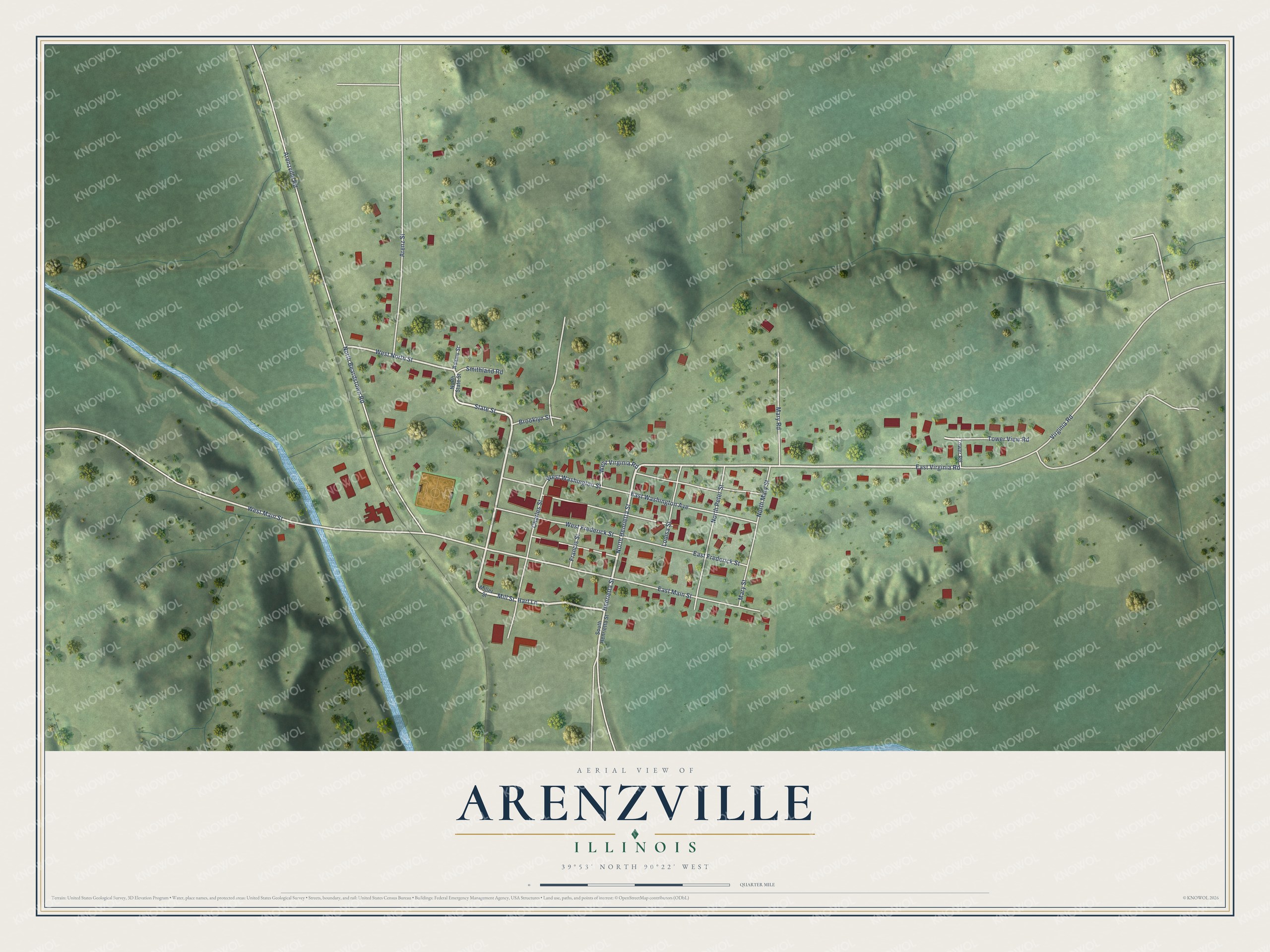 Full map of Arenzville, Illinois, with red buildings, printed street names and the land around them