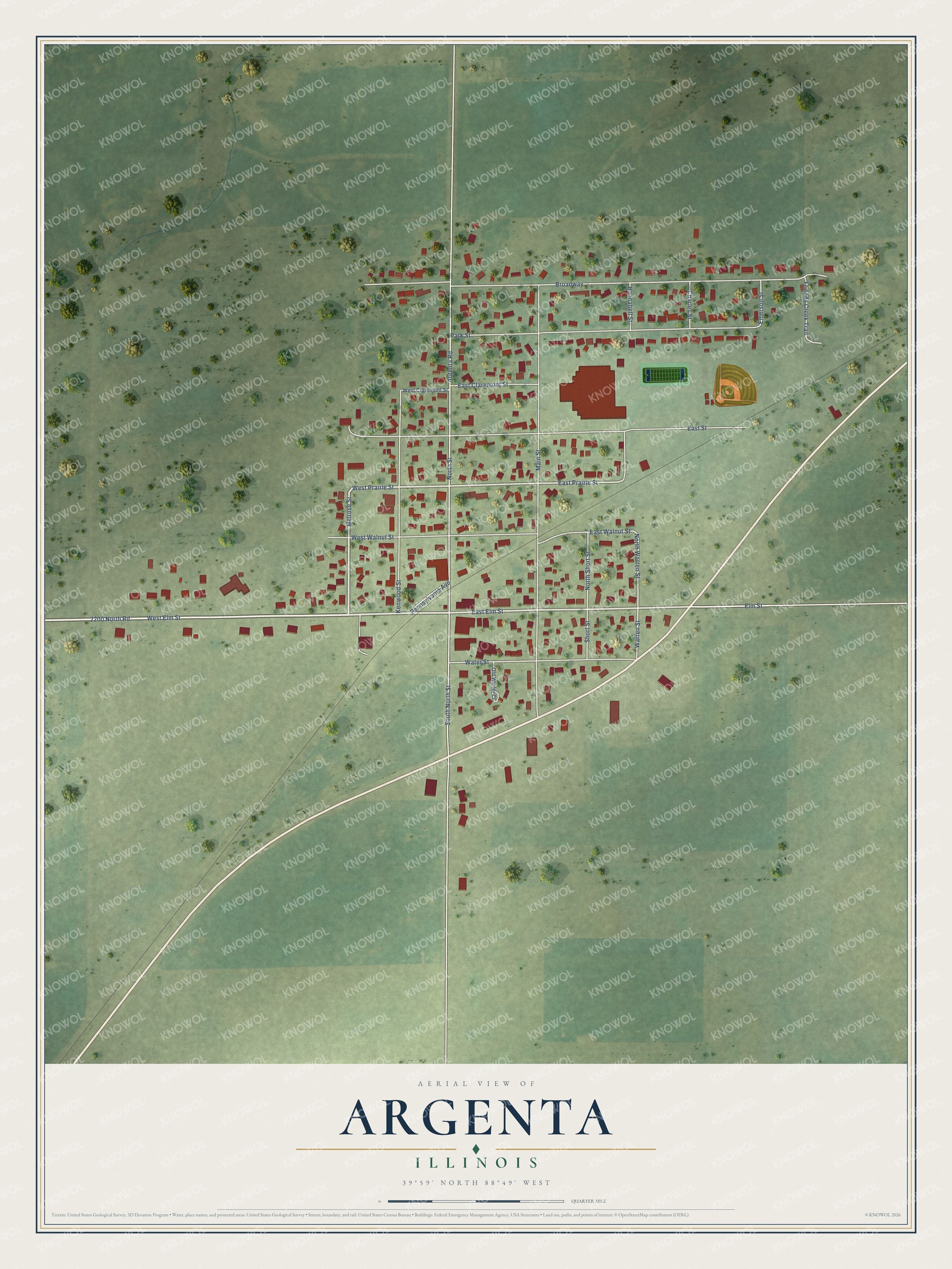 Full map of Argenta, Illinois, with red buildings, printed street names and the land around them