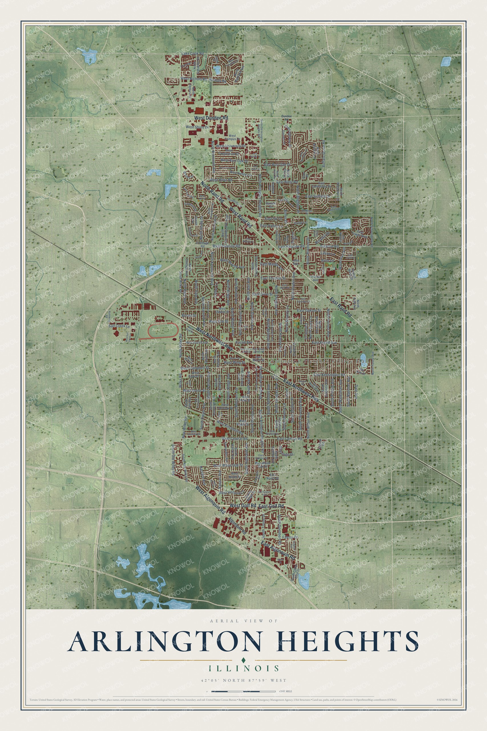 Full map of Arlington Heights, Illinois, with red buildings, printed street names and the land around them