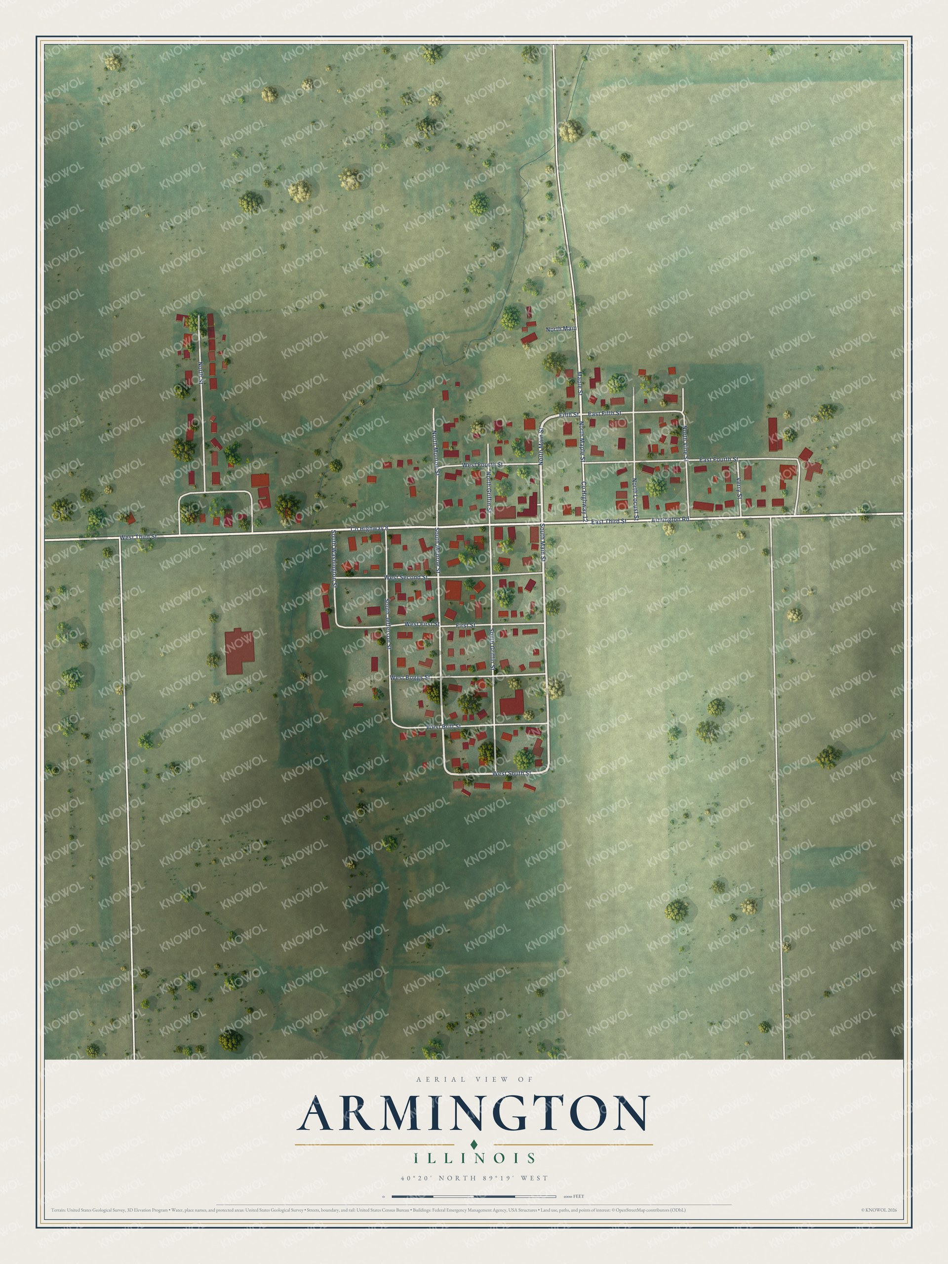 Full map of Armington, Illinois, with red buildings, printed street names and the land around them