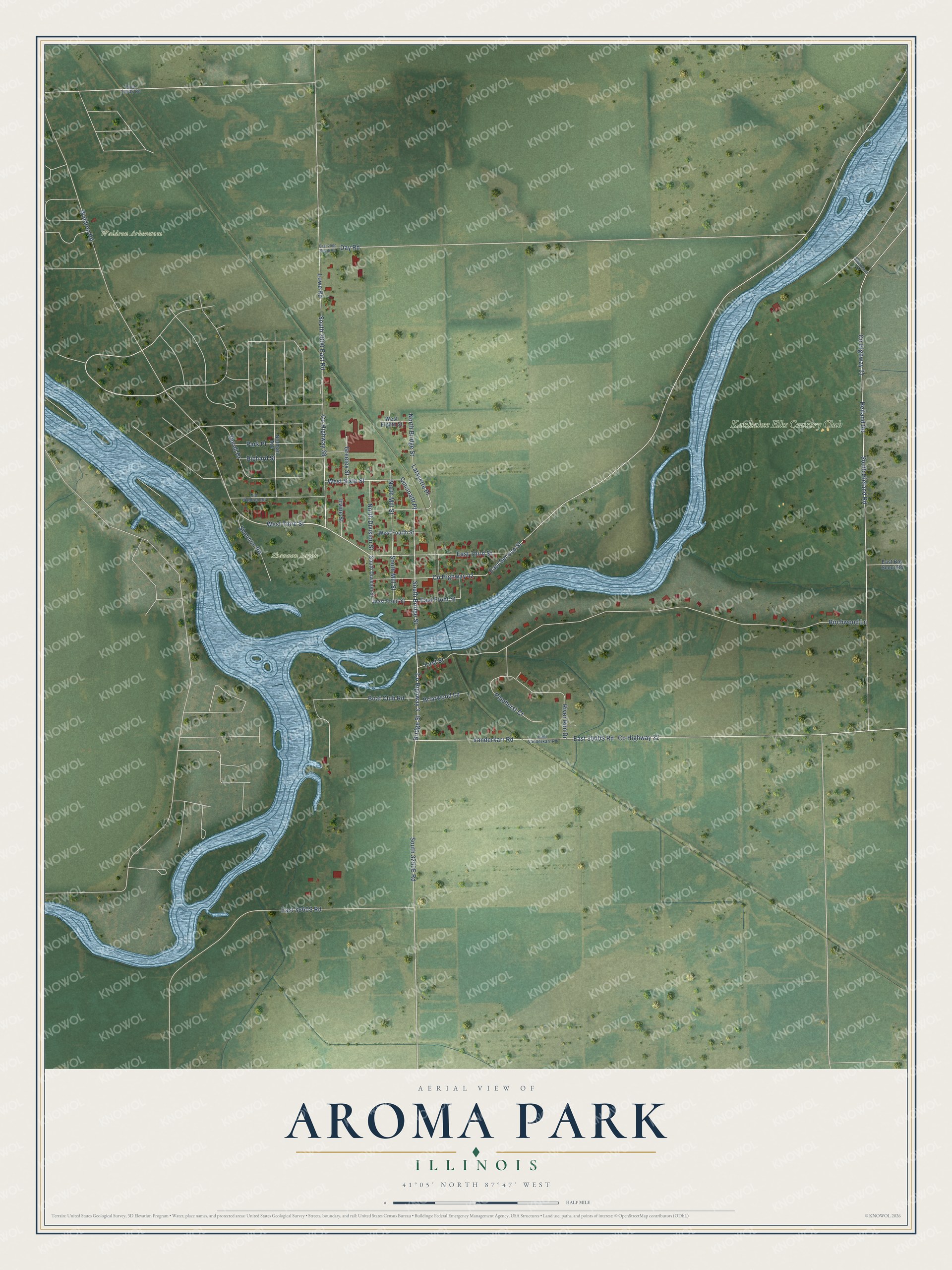 Full map of Aroma Park, Illinois, with red buildings, printed street names and the land around them