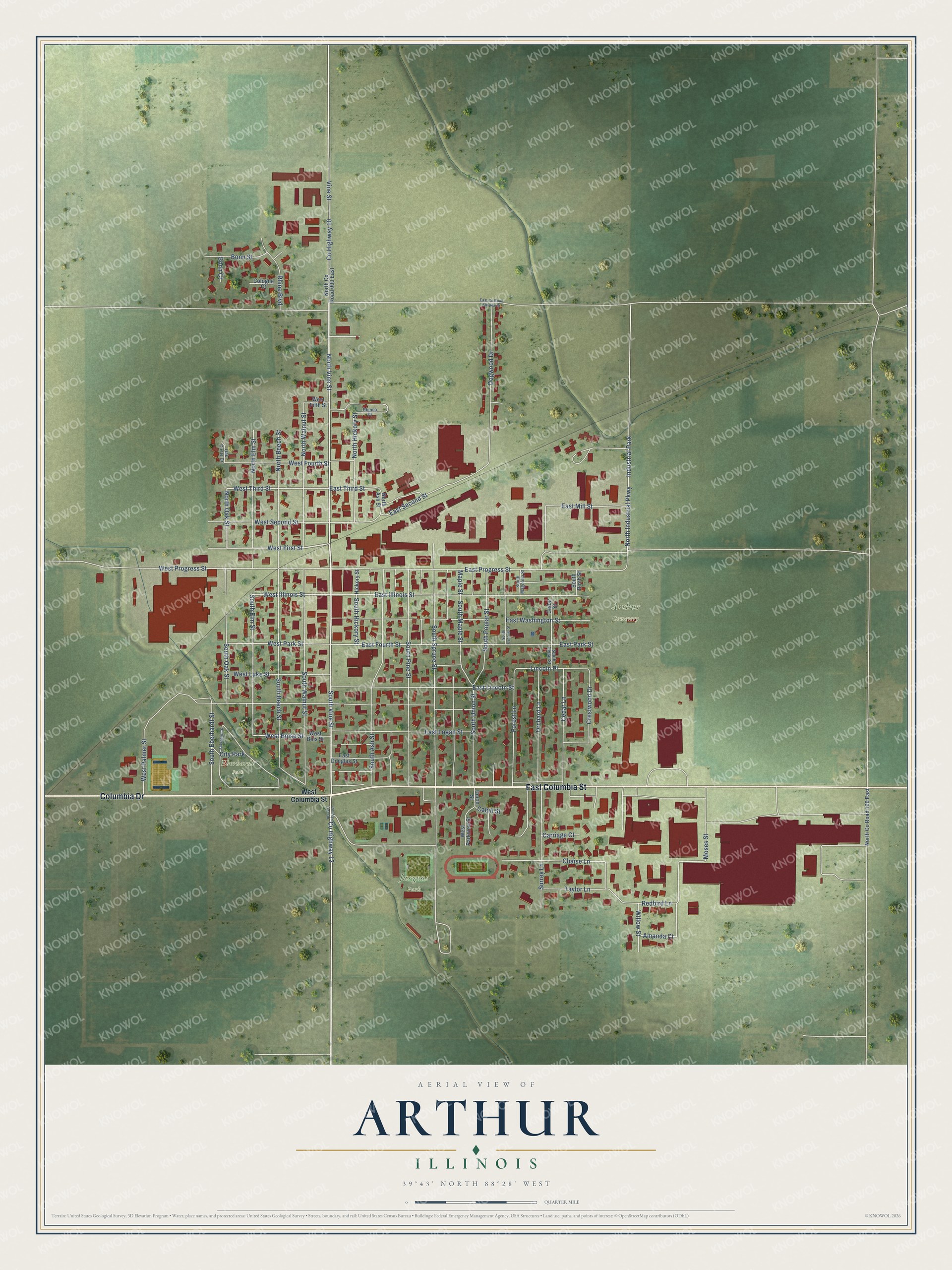 Full map of Arthur, Illinois, with red buildings, printed street names and the land around them