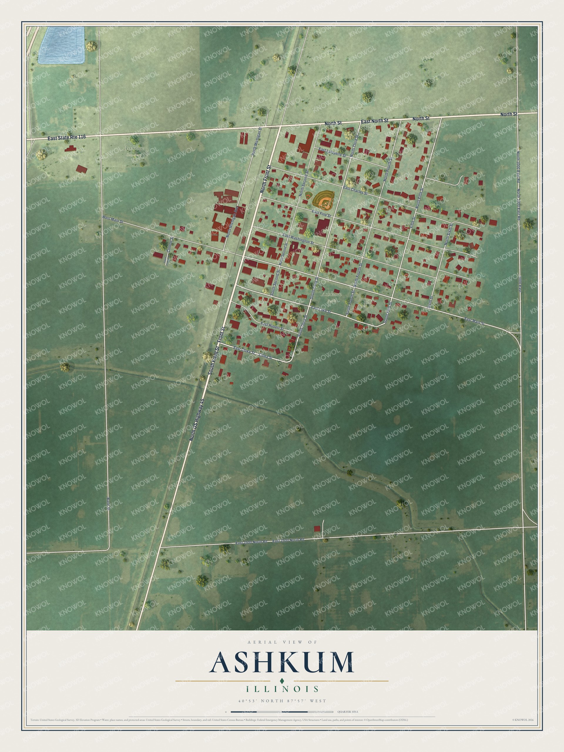 Full map of Ashkum, Illinois, with red buildings, printed street names and the land around them