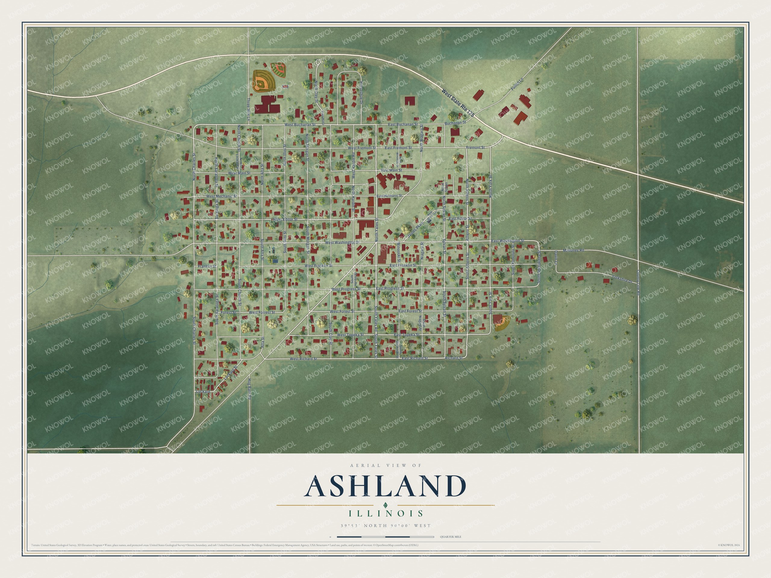 Full map of Ashland, Illinois, with red buildings, printed street names and the land around them