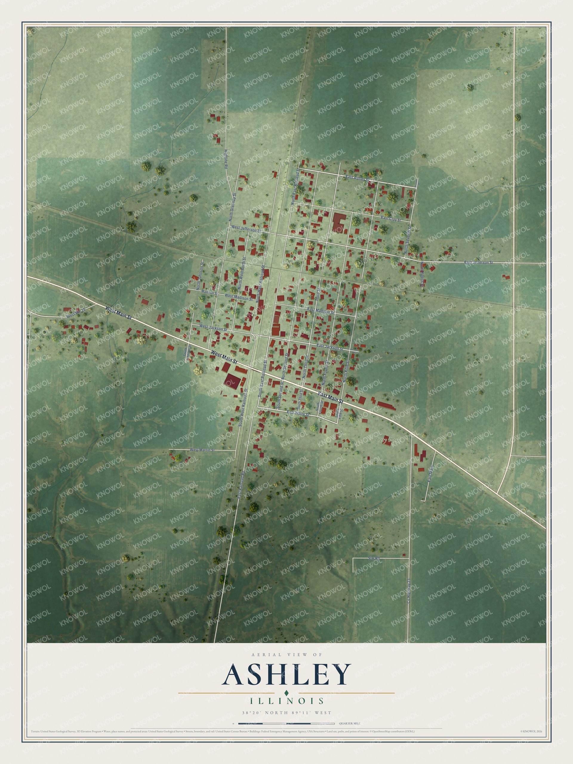 Full map of Ashley, Illinois, with red buildings, printed street names and the land around them