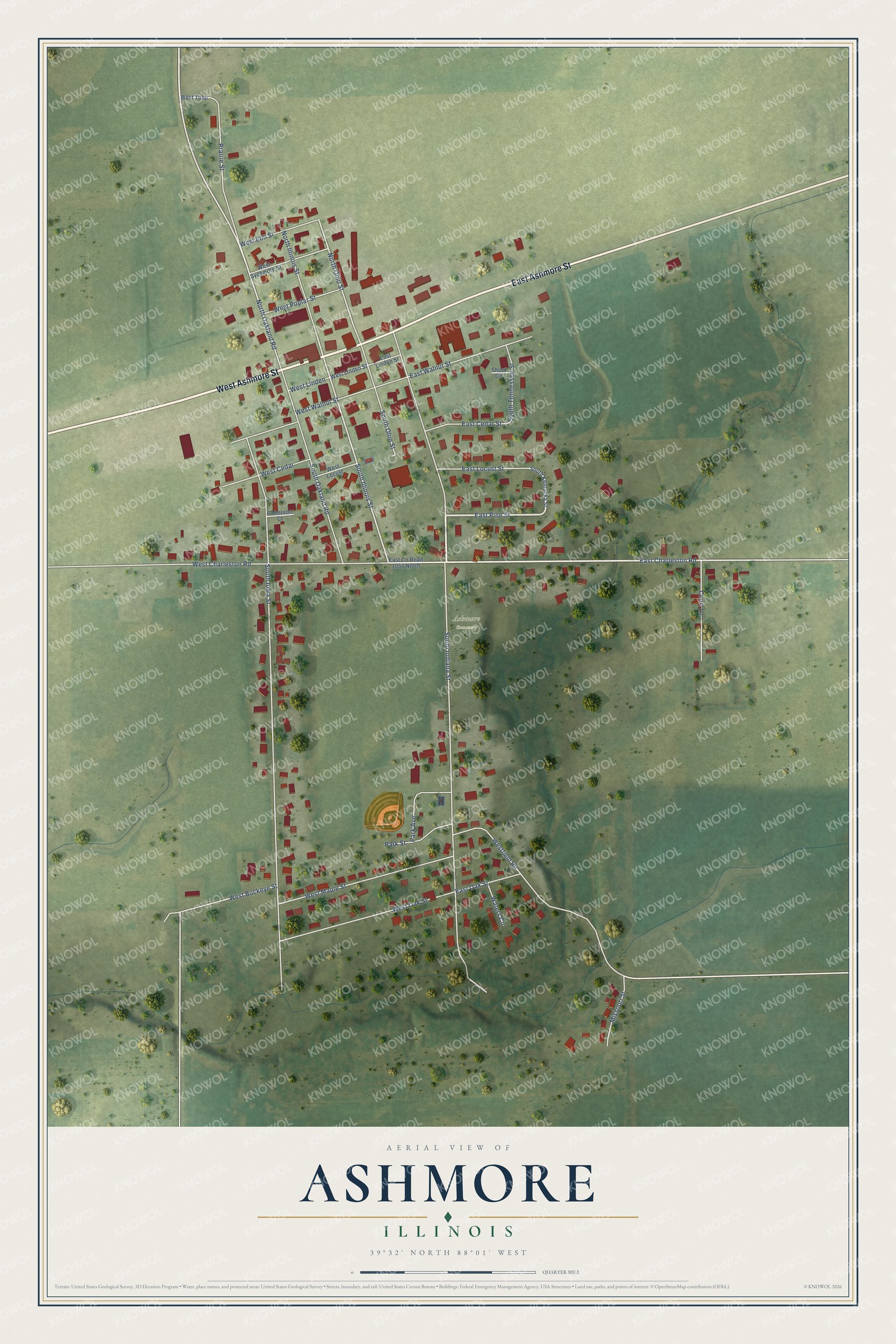 Full map of Ashmore, Illinois, with red buildings, printed street names and the land around them