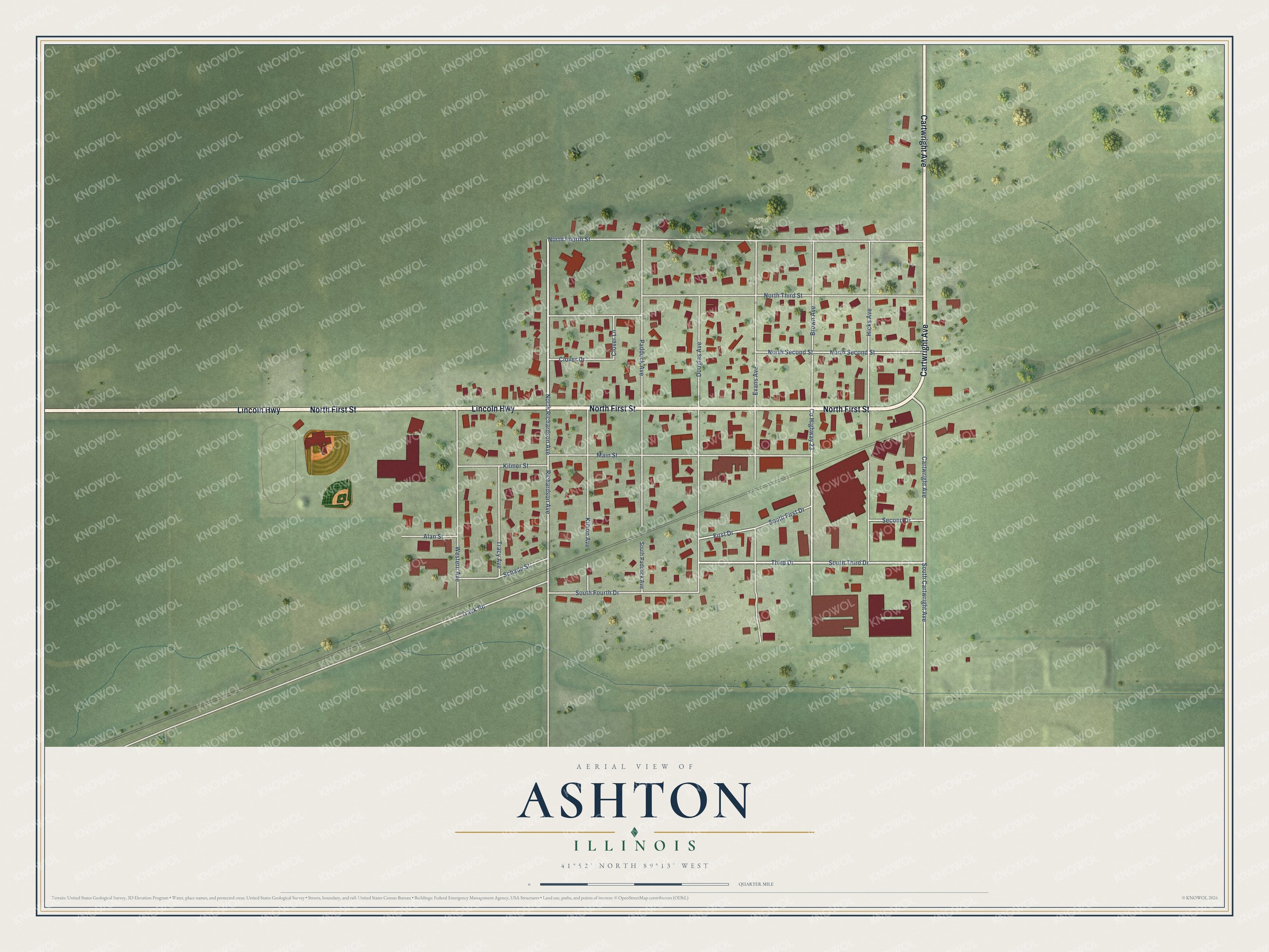 Full map of Ashton, Illinois, with red buildings, printed street names and the land around them