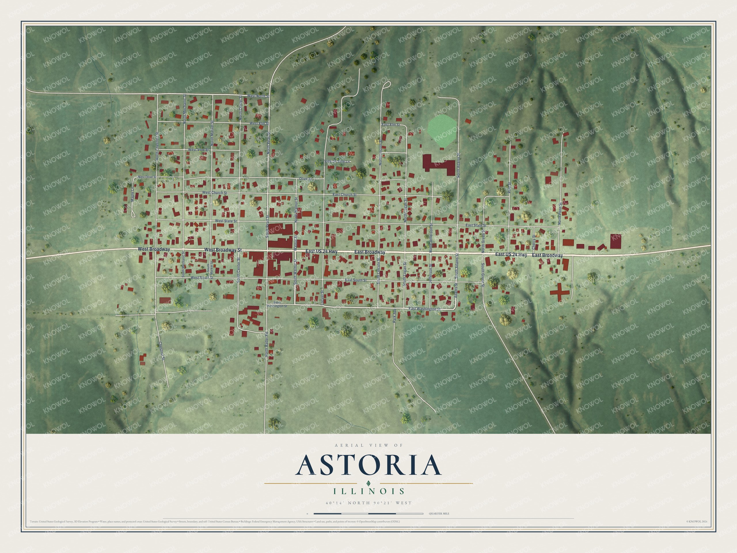 Full map of Astoria, Illinois, with red buildings, printed street names and the land around them