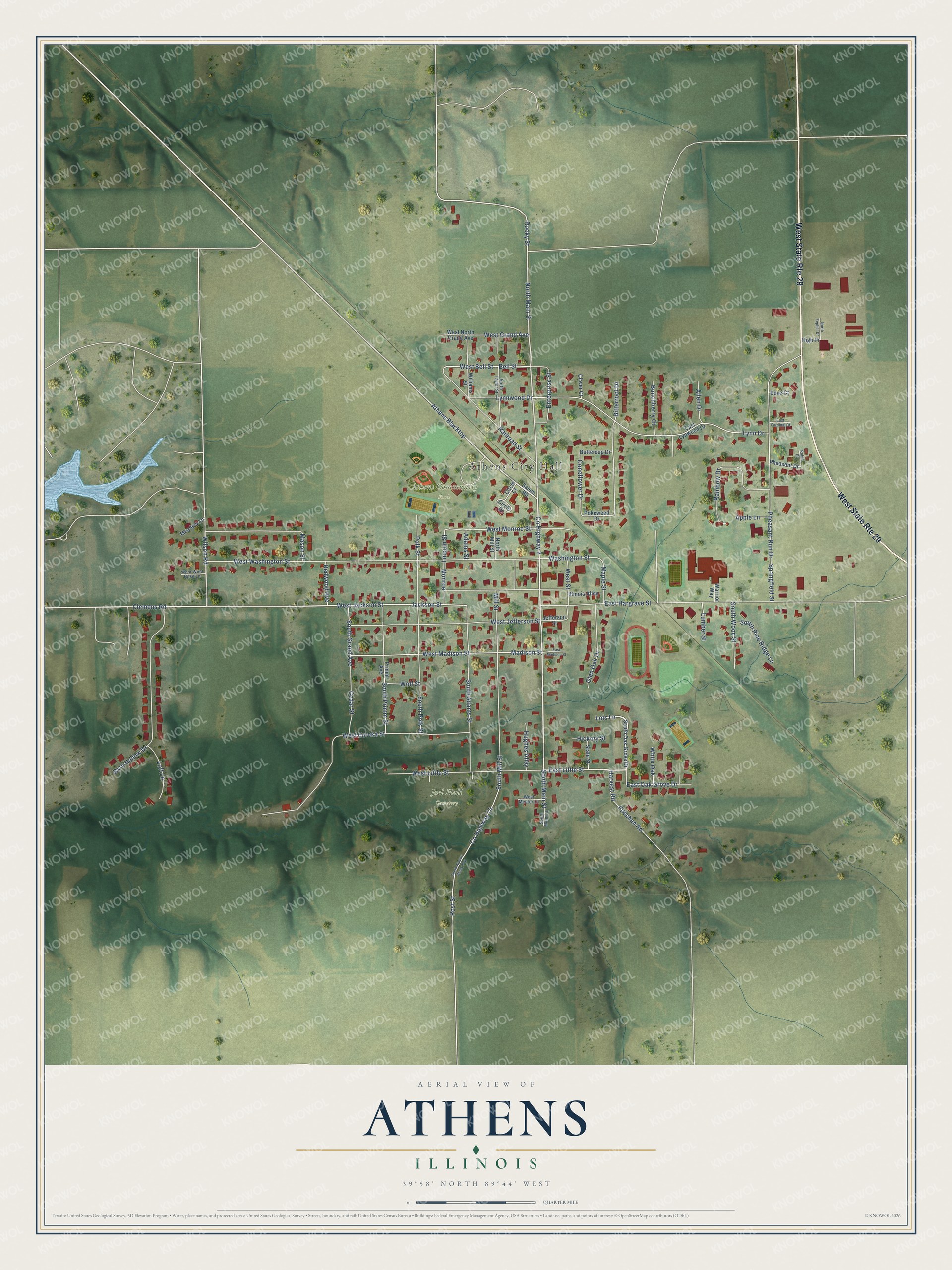 Full map of Athens, Illinois, with red buildings, printed street names and the land around them